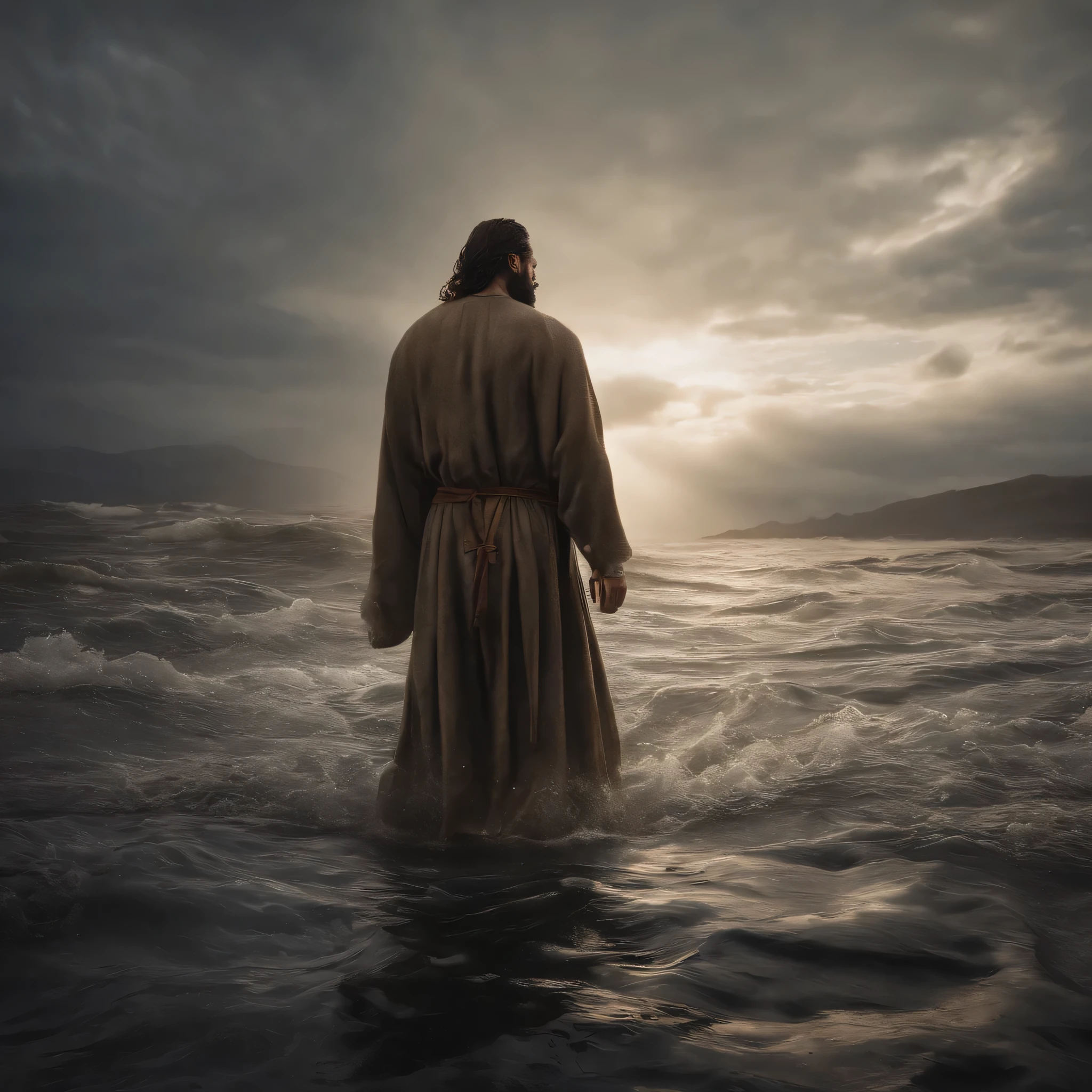 ((corpo todo, Vista frontal, fechar-se)). Jesus walking on water in a storm, obra de arte, melhor qualidade, alta qualidade, extremamente detalhado CG unit 8k wallpaper, fotografia premiada, Bokeh, profundidade de campo, HDR, florescer, Chromatic aberration, fotorrealista, extremamente detalhado, trends on Artstation, trends at cgsociety, intricado, alto detalhe, dramatic, arte no meio da viagem, volumetric lighting