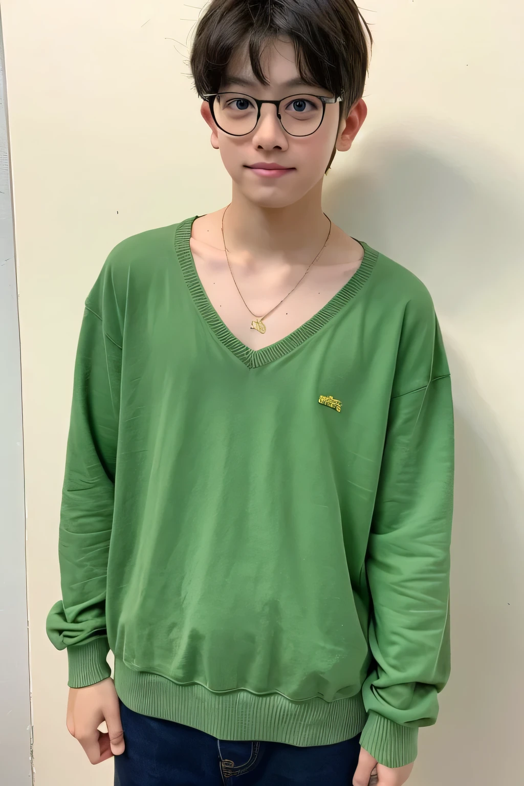 A boy wearing green clothes, a necklace and round glasses