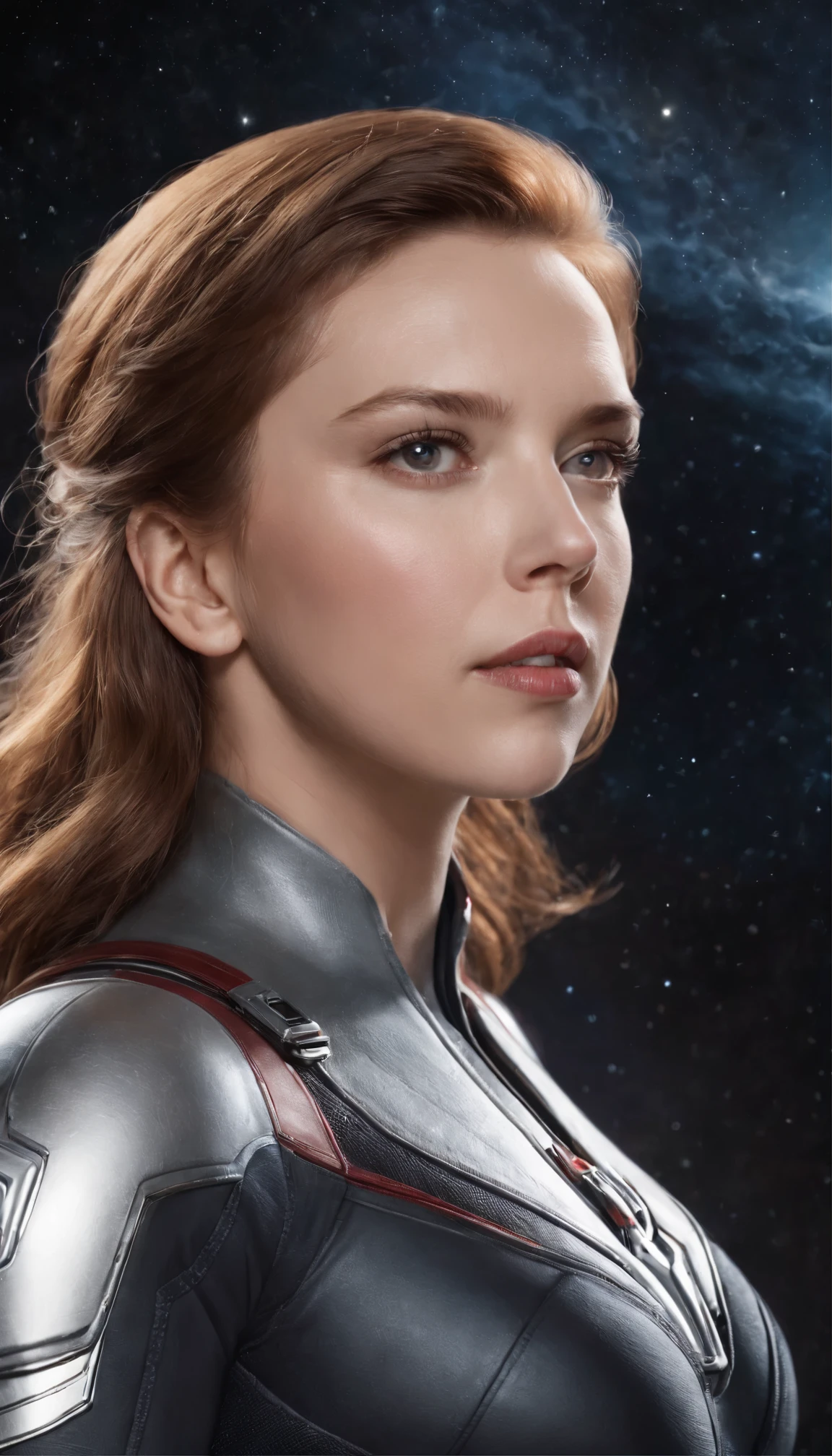 Highest quality、ultra-detailed 4K、A scene from a movie,masterpiece:1.5、 Realistic、ハイパーRealistic:1.6、Black Widow Scarlett Johansson in a white armored suit, Blonde hair cascading down her shoulders、A captivating image of Anycemar with bangs framing a detailed face。 Staring into the depths of space、 Surrounded by the complexity of the universe、 star々、惑star、A vast space where galaxies swirl。 The complex texture of the space is revealed through careful attention to detail、 遠い惑starのクレーターから遠くのstarの渦巻くガスまで、 きらめくstar,Scarlett Johansson's face details