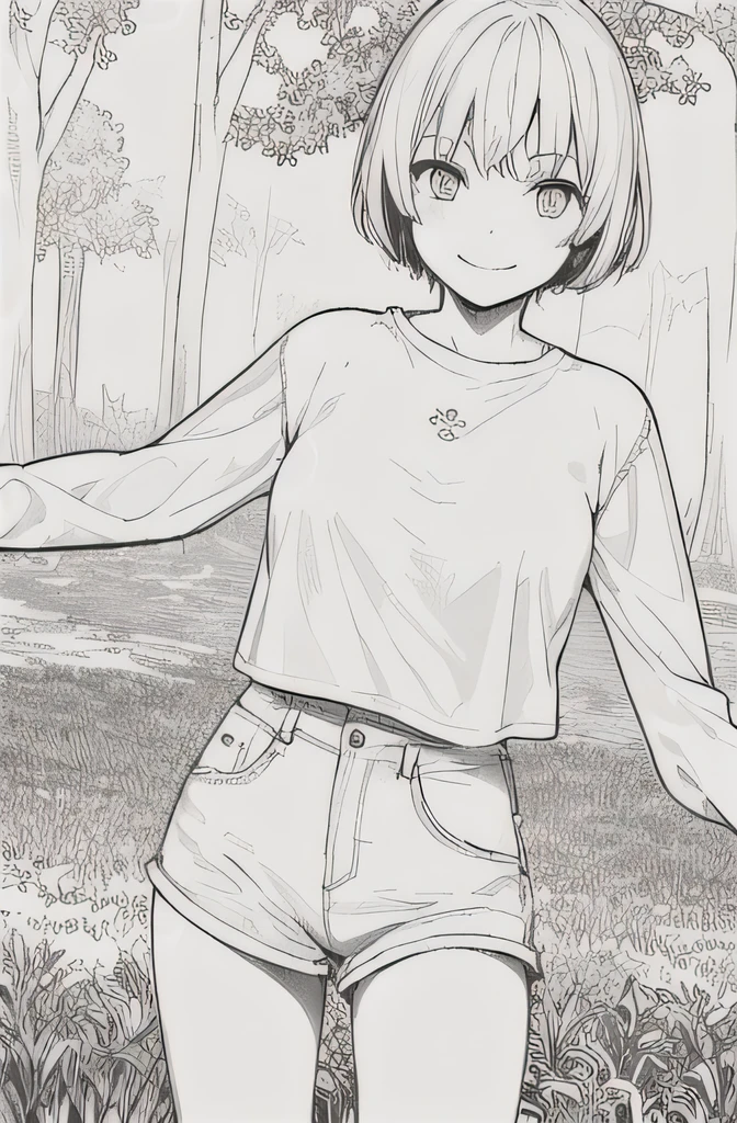 masterpiece, best quality, 1girl, 16 y.o girl, shorthair, breasts, cute eyes, white t-shirt with long sleeves, white capelet, short hot pants, smile, forest, grass, facing front, looking at viewer, outdoors, line-drawing, monochrome,