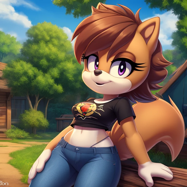 sonic_(series), mobian squirrel, thin body, skinny figure, brown hair, wavy bangs, short hair, fluffy hair, white fur, violet eyes, black eyelids, t-shirt, jeans, beautiful, pretty, cute, masterpiece, 4k, high quality, studio quality, detailed, insanely detailed, extreme detail, refined detail, perfect detail, max detail, black lipstick, squirrel girl