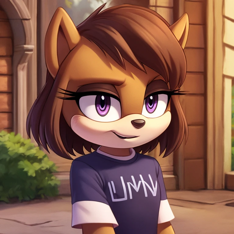 sonic_(series), mobian squirrel, thin body, skinny figure, brown hair, wavy bangs, short hair, fluffy hair, white fur, violet eyes, black eyelids, t-shirt, jeans, beautiful, pretty, cute, masterpiece, 4k, high quality, studio quality, detailed, insanely detailed, extreme detail, refined detail, perfect detail, max detail, black lipstick, squirrel girl
