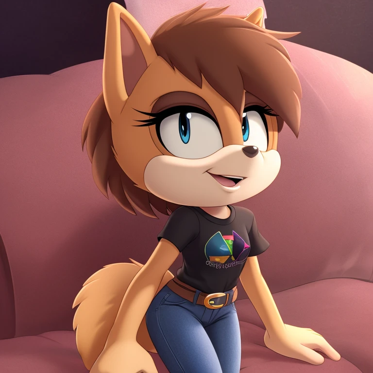 sonic_(series), mobian squirrel, thin body, skinny figure, brown hair, wavy bangs, short hair, fluffy hair, white fur, violet eyes, black eyelids, t-shirt, jeans, beautiful, pretty, cute, masterpiece, 4k, high quality, studio quality, detailed, insanely detailed, extreme detail, refined detail, perfect detail, max detail, black lipstick, squirrel girl