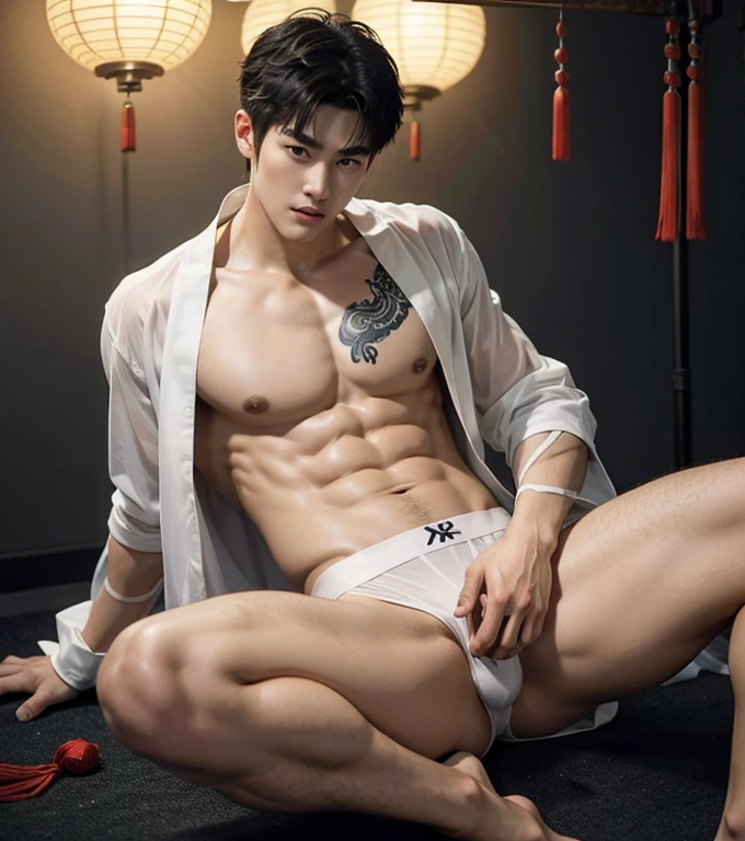 Chinese Men God, Mythology, Chinese odyssy, Handsome, Topless, Muscles, Athlete body, Full Frame, Sexy, Professional Lighting, Hanfu Outfit, Chinese Heaven Background, Bulge Underneathe brief Underwear, white transparent brief, see through underwear, Sexy tight bulge form dick shape, Hanfu Warrior, Hanfu God, Hanfu Male, Hanfu Nobel, Seduce, Sex Appeals, Alafard man shirtless carrying a backpack, muscular body, handsome, manly, inspirite by Zhang Han, Cai Xukun, Kim Do-young, Inspired by Bian Shoumin, Inspired by Xiao Yuncong, yihao ren, yanjun cheng, jinyiwei, inspired by Huang Gongwang, xintong chen, Jacket, wearing japanese white thong, white g string, nice butts, Tattoo chest, tattoo hands, tattoo arms, tattoo belly, clear studio light, lay on the ground, open legs in M shape, night ancient chinese Buddhism temple background, detailed background, fantasy Chinese themed, the best resolution, 8k, Ultra fullHD, look at the viewer, catching eyes,