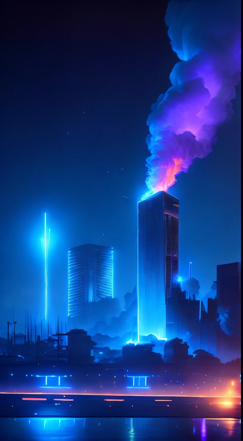 extremamente detalhado, paisagem urbana futurista, night time, glowing neon lights, smoke, sparks, Lascas de metal, Detritos voadores, efeitos de energia azul, Volumetric light, tiro de vaqueiro.