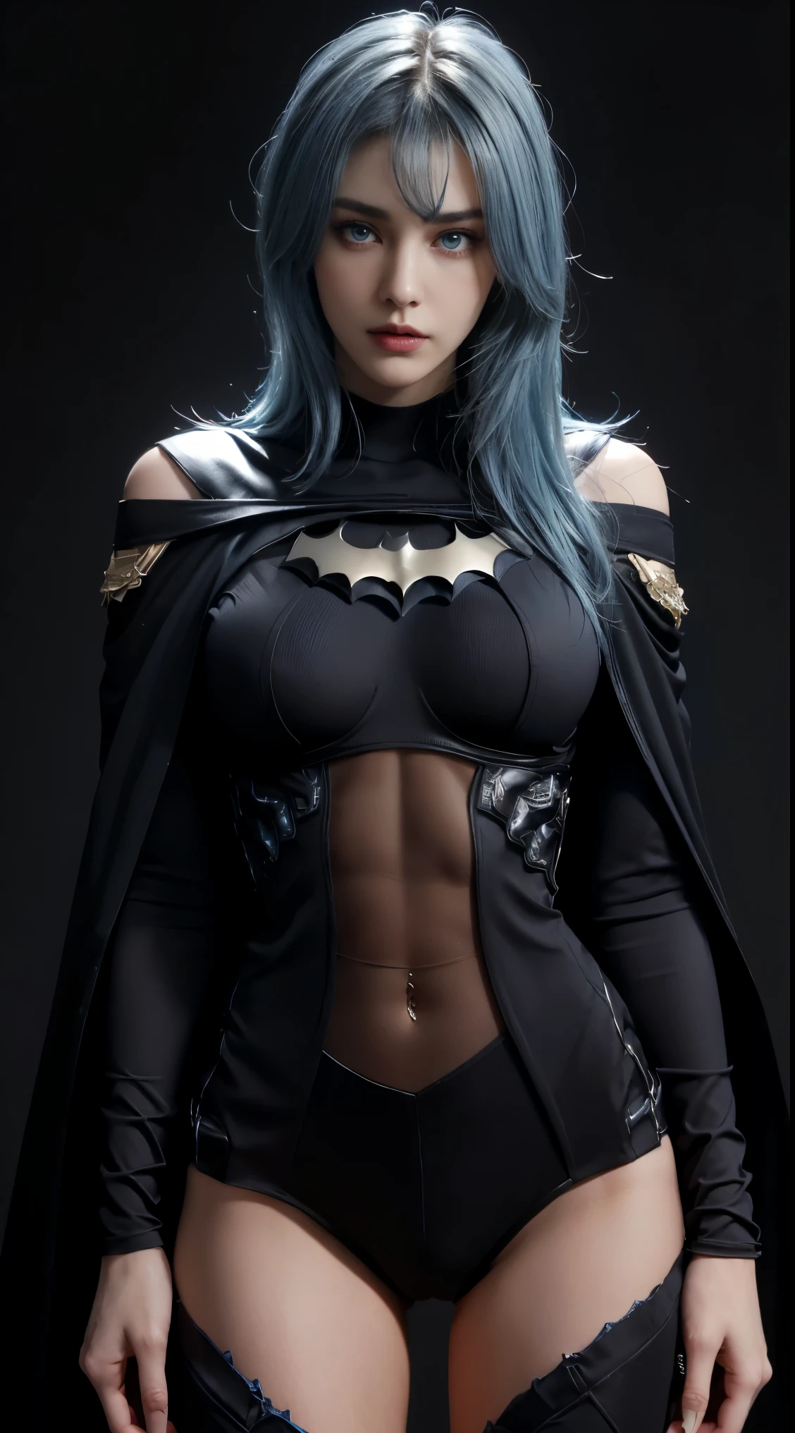 8K, Top Quality, Intricate Details, Ultra Detail, Ultra High Resolution, Masterpiece, close up shot, (full body: 1.1), Slender, Smile, (Makeup: 0.4), (Fluffy blue Eyes: 1.21), (()), 1girl, solo, 1 girl, ((blue hair, bangs)), close up shot, , ((tall)), (((fit body))), (((slim face))), sharp face, (()) ,(detailed face), sharp face, small lips, , , ,
((, )), , ((batman suit, batman mask, black cape)), detailed face, detailed breast, , ((large breast, huge , , Narrow Waist, Skinny, tall , 190 cm tall, Muscular, Navel, Exposed Abdomen, Pointed Chest,, Beautiful girl with accentuated slender abs: 1.4, Six Pack Abs: 1.4, Bust Botox, Big, Perfect Body, detail leg, (( dark background)), black background,