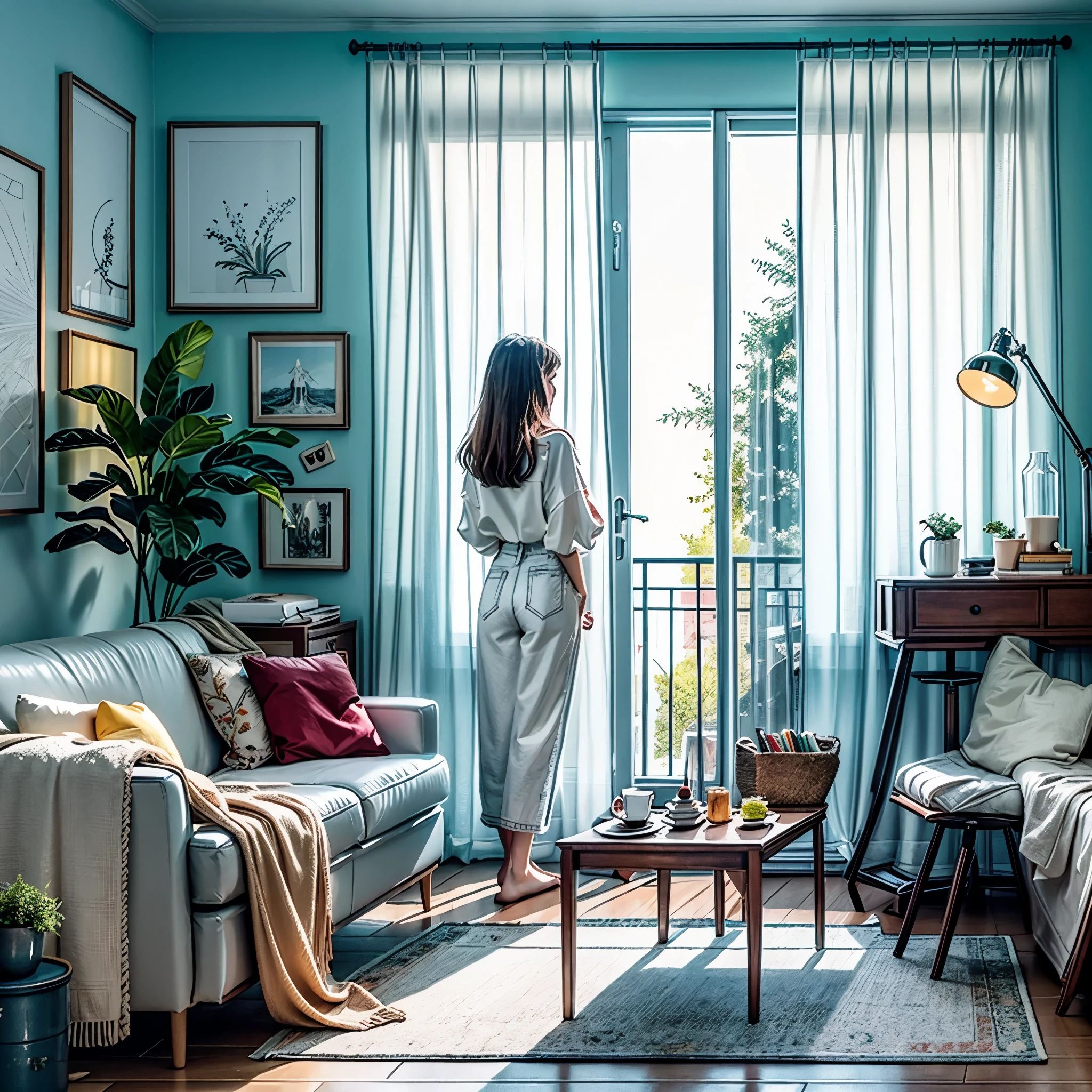 there is a woman standing in a living room looking out the window, style of alena aenami, lofi artstyle, lofi art, inspired by Alena Aenami, art of alena aenami, by Alena Aenami, lo-fi illustration style, lofi girl, artistic. alena aenami, lo-fi art