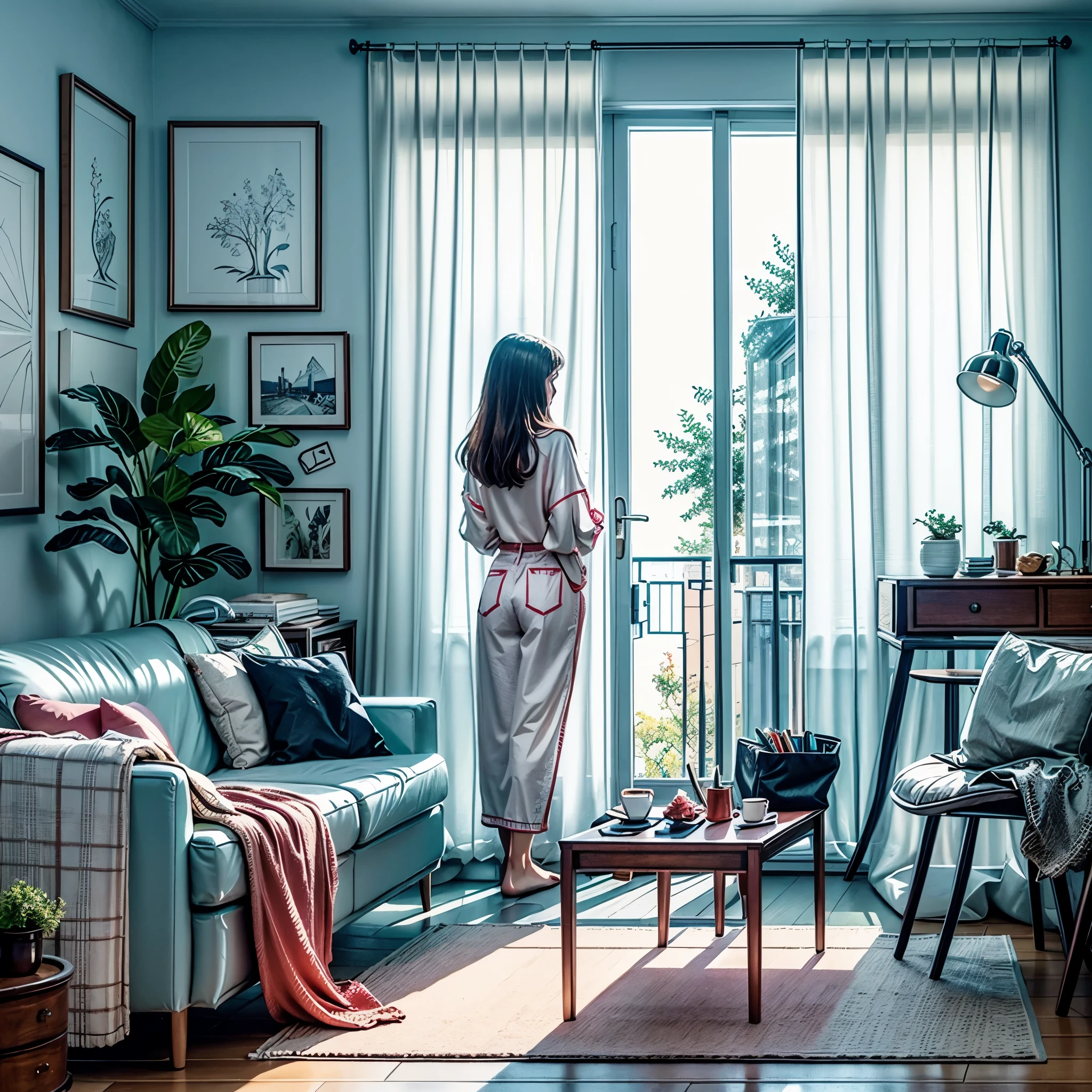 there is a woman standing in a living room looking out the window, style of alena aenami, lofi artstyle, lofi art, inspired by Alena Aenami, art of alena aenami, by Alena Aenami, lo-fi illustration style, lofi girl, artistic. alena aenami, lo-fi art