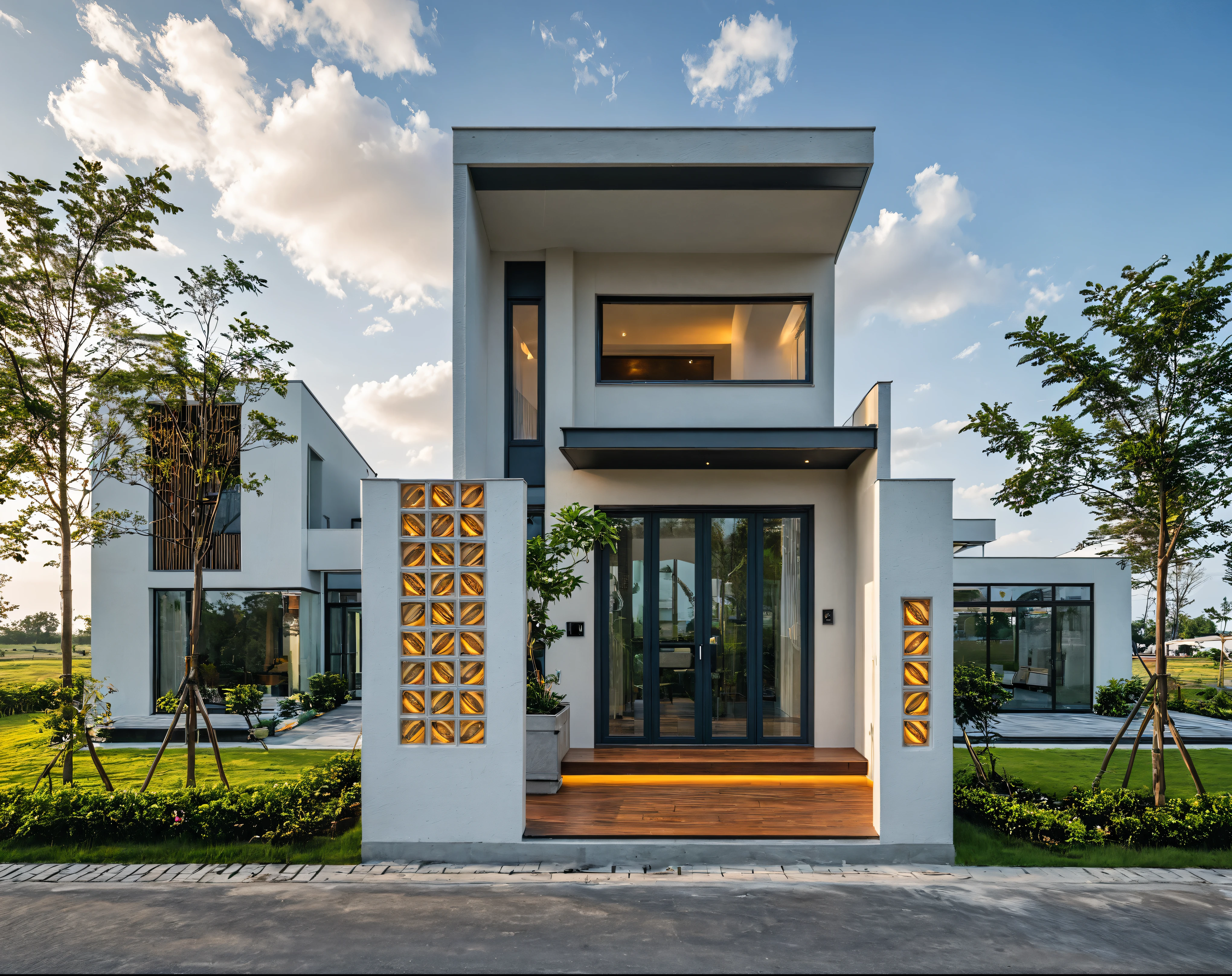 Masterpiece, high quality, best quality, authentic, super detail, outdoors, onestoreyvillaXL, aiaigroup, house style modern on the street ,stairs, white wall ,road,pavement, grass, trees, sky, cloud, (daylight:1.1)
