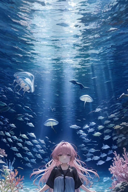 jellyfish、光るjellyfish、Aquarium、girl、In the water、Spreading hair、Aquarium、Light pink transparent hair color、Gradient Hair、colorful、Beautiful colors、Neon color、Rainbow-colored