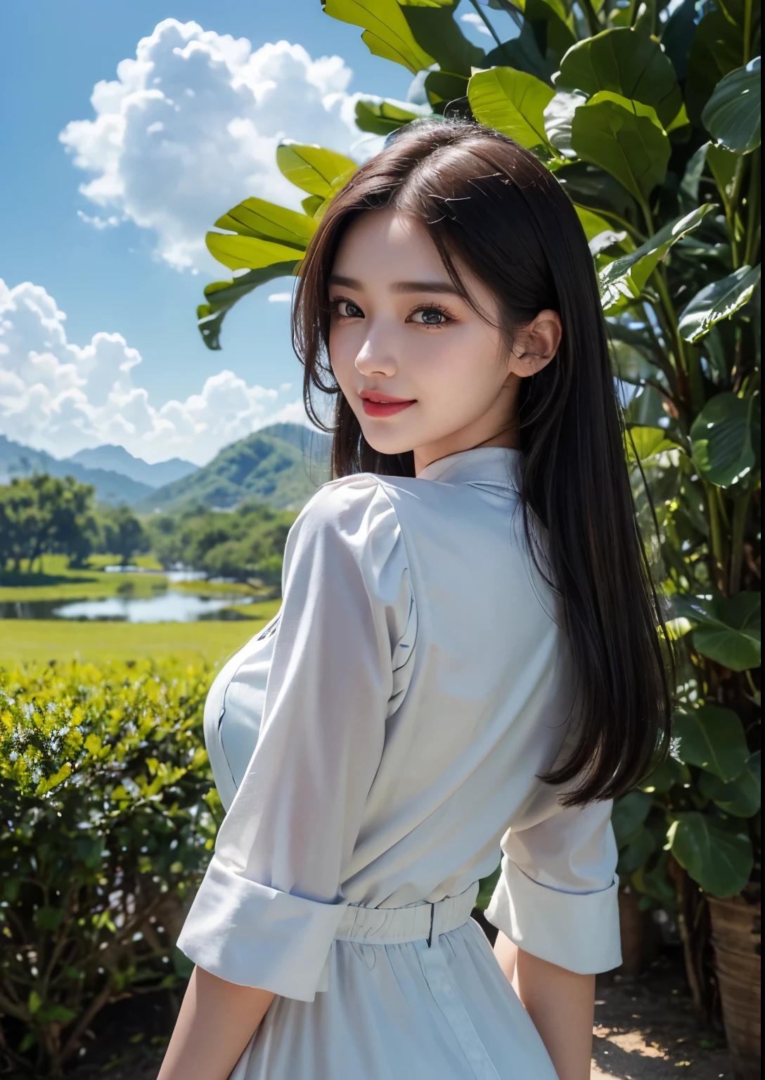 (ultra-detailed,highres,realistic:1.2),2girls,beautiful detailed eyes,beautiful detailed lips,detailed eyelashes,modern big dragon fruit orchards,green leaves,abundant ripe red dragon fruits,blue sky,white clouds,vibrant colors,Korean girl,modern fashion style,smiling face,standing posture,posing for a photo,soft sunlight, gentle breeze