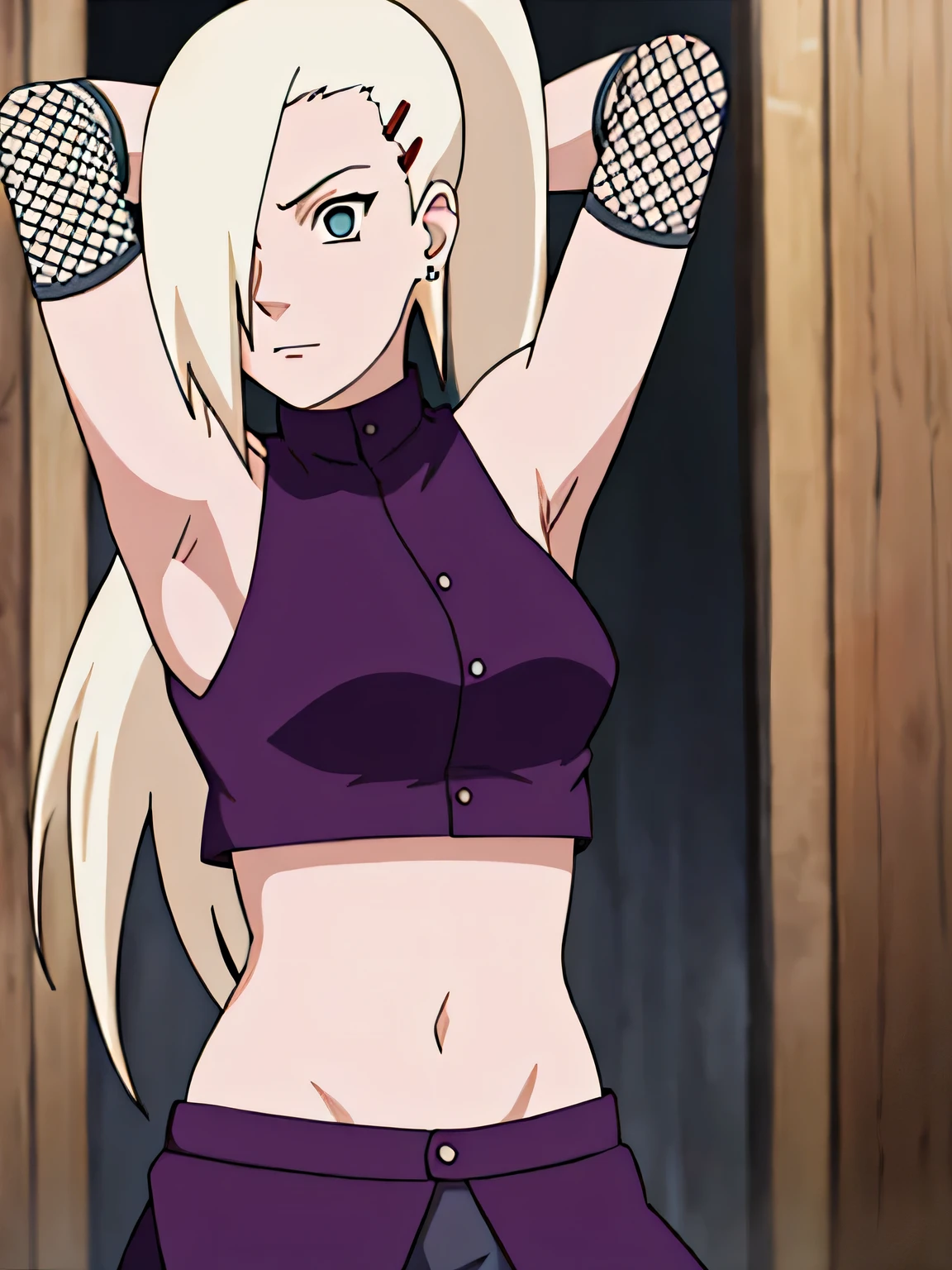 Yamanaka Ino, hair on one eye, ponytail, Hair clips, purple crop top, Sleeveless, skirt, fishnet, earring, Diaphragm, armpit, showing armpit, arms behind head, condescending, alone, 1 girl, naked