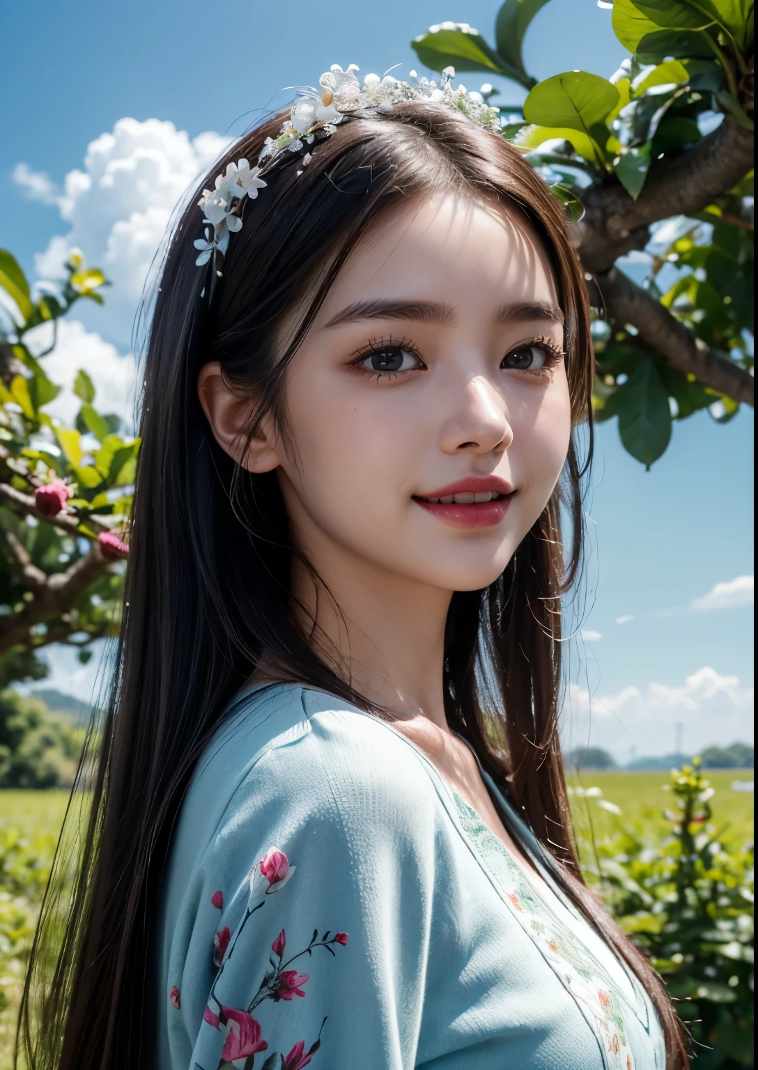 (ultra-detailed,highres,realistic:1.2),2girls,beautiful detailed eyes,beautiful detailed lips,detailed eyelashes,modern big dragon fruit orchards,green leaves,abundant ripe red dragon fruits,blue sky,white clouds,vibrant colors,Korean girl,modern fashion style,smiling face,standing posture,posing for a photo,soft sunlight, gentle breeze