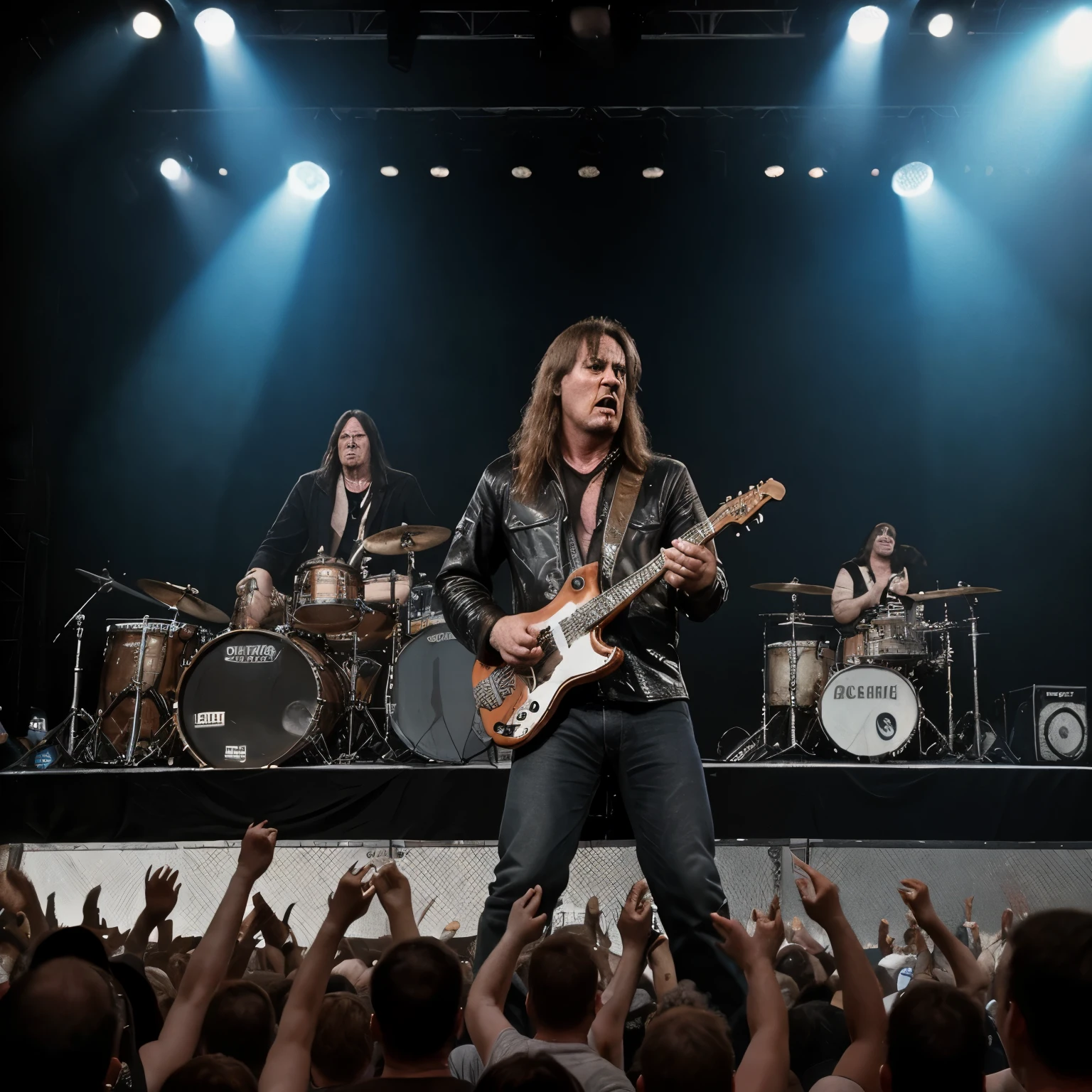 album cover, 80's heavy metal band , 4 man band on live concert stage up close with lots of stage lights and a crowd in the foreground