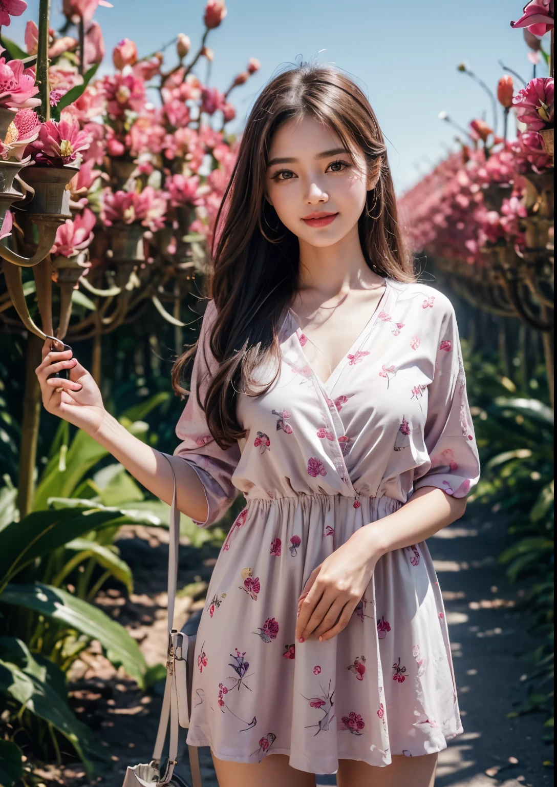 (ultra-detailed,highres,realistic:1.2),2girls,beautiful detailed eyes,beautiful detailed lips,detailed eyelashes,((big dragon fruit orchards)), every where Dragon fruit orchards,red dragon fruits,blue sky,vibrant colors,Korean girl,modern fashion style,smiling face,standing posture,posing for a photo,soft sunlight, gentle breeze, dragon fruits in hands, Beautiful Pink Mini Frock,
