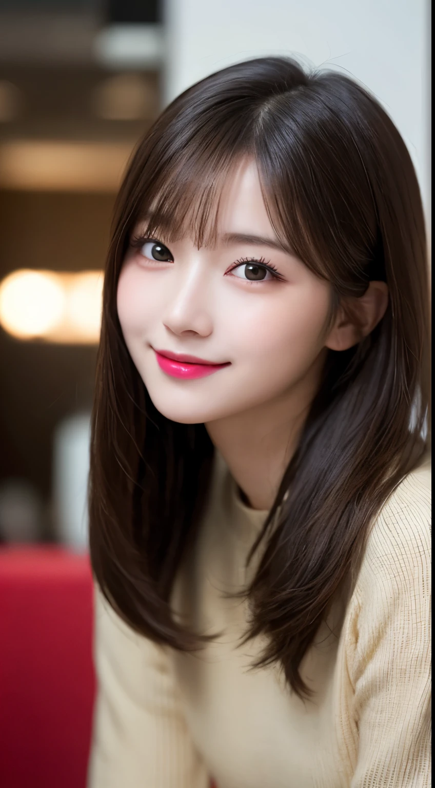Tabletop, highest quality, shape, Very detailed, finely, High resolution, 8k wallpaper, 完璧なダイナミックな構shape, Beautiful and detailed,ランダムなcute髪,,Natural color lip, Bold sexy pose,smile、20-year-old girl、cute、Looking at the camera,Always blur the background,Perfect and beautiful face,Slim face and figure,Big eyes、Putting on gal makeup,Small face,Shooting from below、smile,Blurred Background,Elegant feminine face、Cyberpunk Fashion、smile