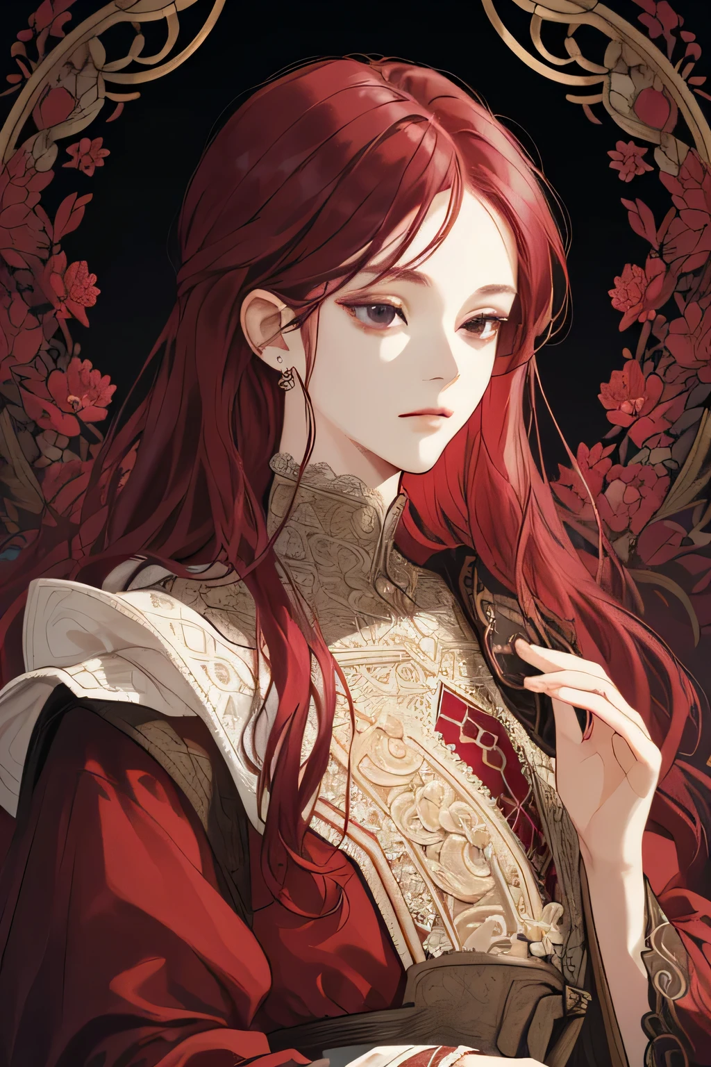 (extreamly delicate and beautiful:1.2), 8K,(masterpiece:1.0),(best_quality:1.0), 1 girl, and intricate detailing, Enlarged textures, and intricate detailing, finely eye and detailed face, and intricate detailing, shiraga, maroon red long hair, (closed mouths), Perfect eyes, Equal eyes, black eyes (A Male god) with Palladio dress,
Look at camera