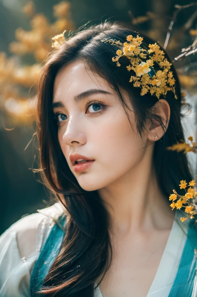 ( masterpiece, top quality, best quality,8k, girl,ultra detailed,raw photo:1.5),(photorealistic:1.4), (cinematic lighting), PerfectNwsjMajic, , Surrealism, UHD, ccurate, Super detail, textured skin, High detail, Best quality, dynamic angle, White skin,[Beautiful blue eyes], high nose,[flat chest:large breasts:0.5],(1girl),((good anatomy:0.5)),(covered in flowers:1.4), night sky, interested in, fire and ice, (The image is divided into two，Available in a variety of colors:2), eyes blues, sapphire, liquid metal, night sky, (Look at an angle:1.3), (fire and ice), ((Lower chrome)), (hairpin:1.4), (forest:1.3), (fog: 1.3),  Subtle colors and tones, mystical aura ,dreamy atmosphere,expressive brush strokes, mystical ambiance, Artistic interpretation, upper body, long hair