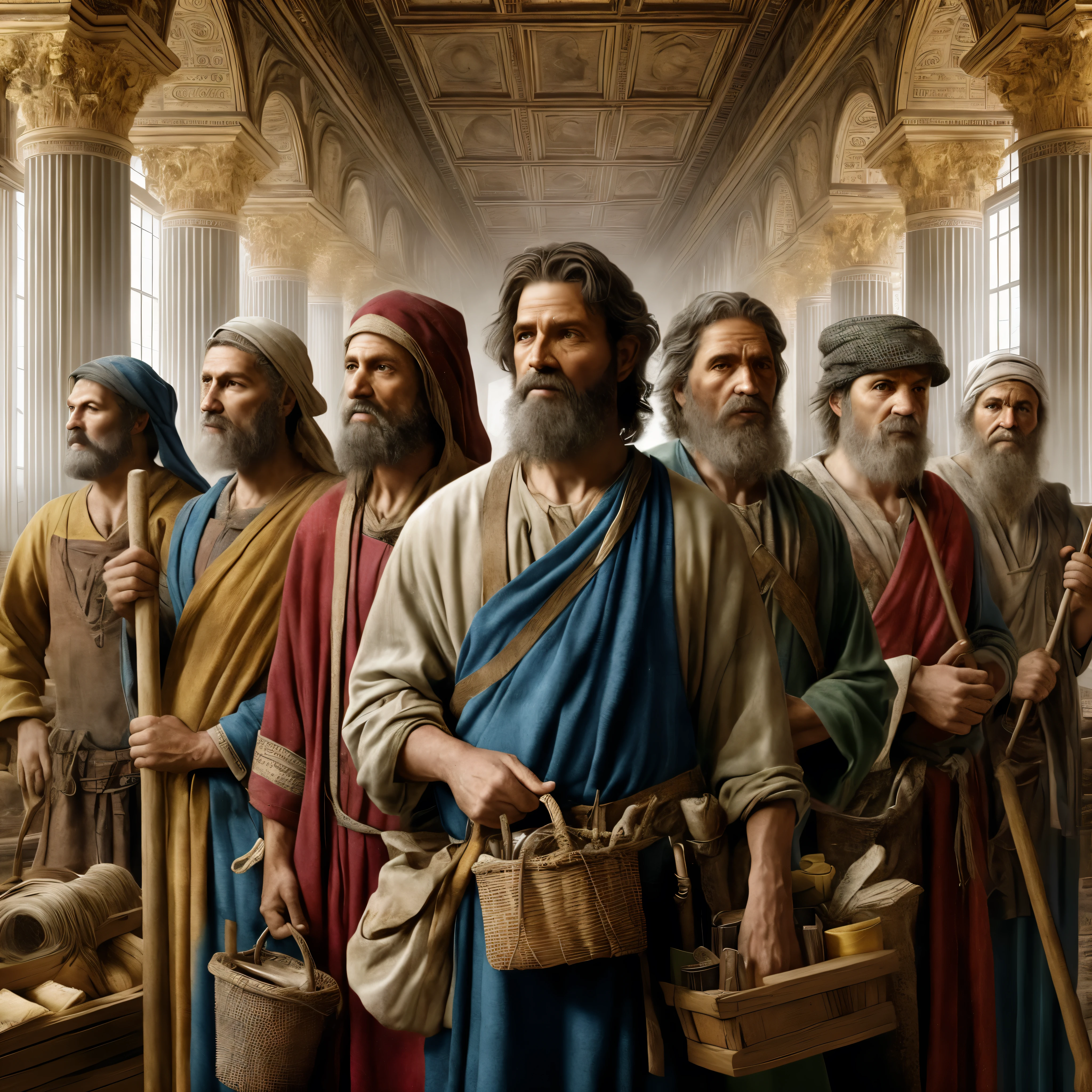 imagem arafada de um grupo de salas com pilares, biblical art style, biblical clothing, biblical art, por John Atherton, epic biblical representation, pó László Balogh, biblical painting, pintura digital renascentista, por Scott M. Fischer, Tenente Artur Tarnowski, Direction: Harrington Mann, Direction: Brian Thomas