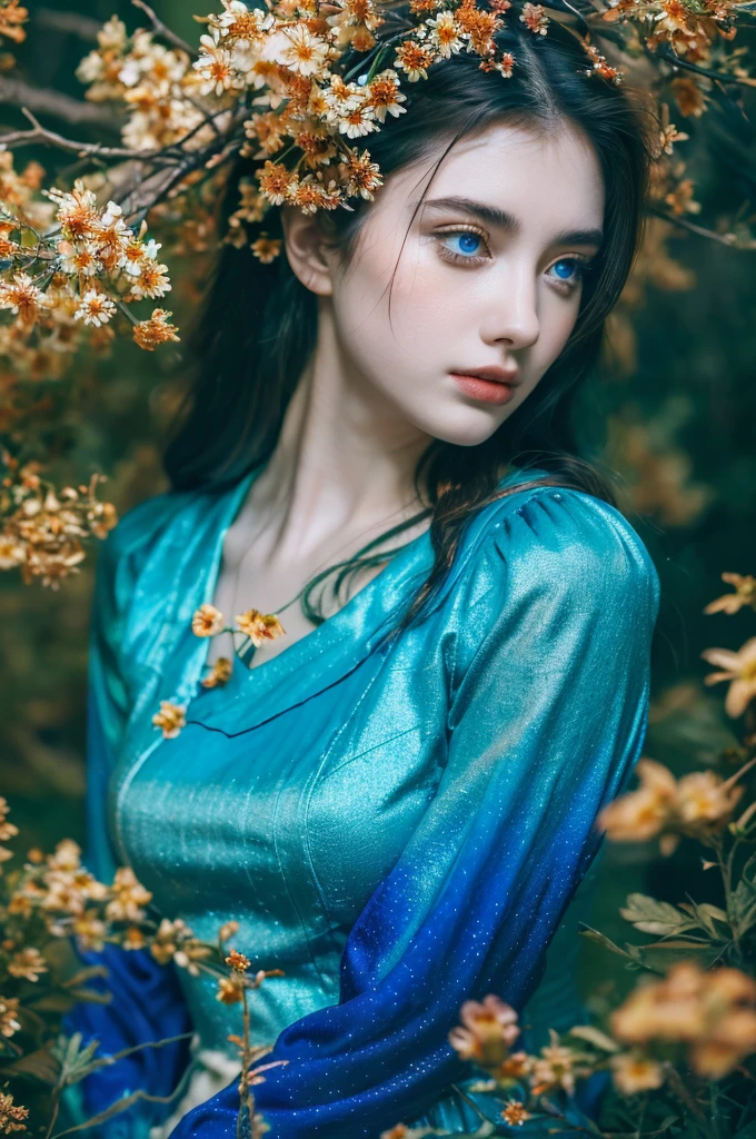 ( masterpiece, top quality, best quality,8k, girl,ultra detailed,raw photo:1.5),(photorealistic:1.4), (cinematic lighting), PerfectNwsjMajic, , Surrealism, UHD, ccurate, Super detail, textured skin, High detail, Best quality, dynamic angle, White skin,[Beautiful blue eyes], high nose,[flat chest:large breasts:0.5],(1girl),((good anatomy:0.5)),(covered in flowers:1.4), night sky, joint, interested in, fire and ice, (The image is divided into two，Available in a variety of colors:2), eyes blues, sapphire, liquid metal, night sky, (Look at an angle:1.3), (fire and ice), ((Lower chrome)), (hairpin:1.4), (forest:1.3), (fog: 1.3),  Subtle colors and tones, mystical aura ,dreamy atmosphere,expressive brush strokes, mystical ambiance, Artistic interpretation,Wonderland, blue glowing flowers tone, upper body, long hair
