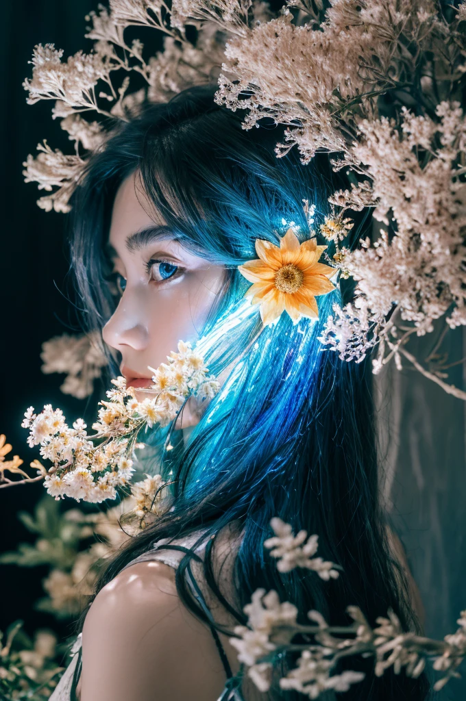 ( masterpiece, top quality, best quality,8k,17 years old girl,ultra detailed,raw photo:1.5),(photorealistic:1.4), (cinematic lighting), PerfectNwsjMajic, , Surrealism, UHD, ccurate, Super detail, textured skin, High detail, Best quality, dynamic angle, White skin,[Beautiful blue eyes], high nose,[flat chest:large breasts:0.5],(1girl),((good anatomy:0.5)),(covered in flowers:1.4), night sky, joint, interested in, fire and ice, (The image is divided into two，Available in a variety of colors:2), eyes blues, sapphire, liquid metal, night sky, (Look at an angle:1.3), (fire and ice), ((Lower chrome)), (hairpin:1.4), (forest:1.3), (fog: 1.3),  Subtle colors and tones, mystical aura ,dreamy atmosphere,expressive brush strokes, mystical ambiance, Artistic interpretation,Wonderland, blue glowing flowers tone, upper body, long hair