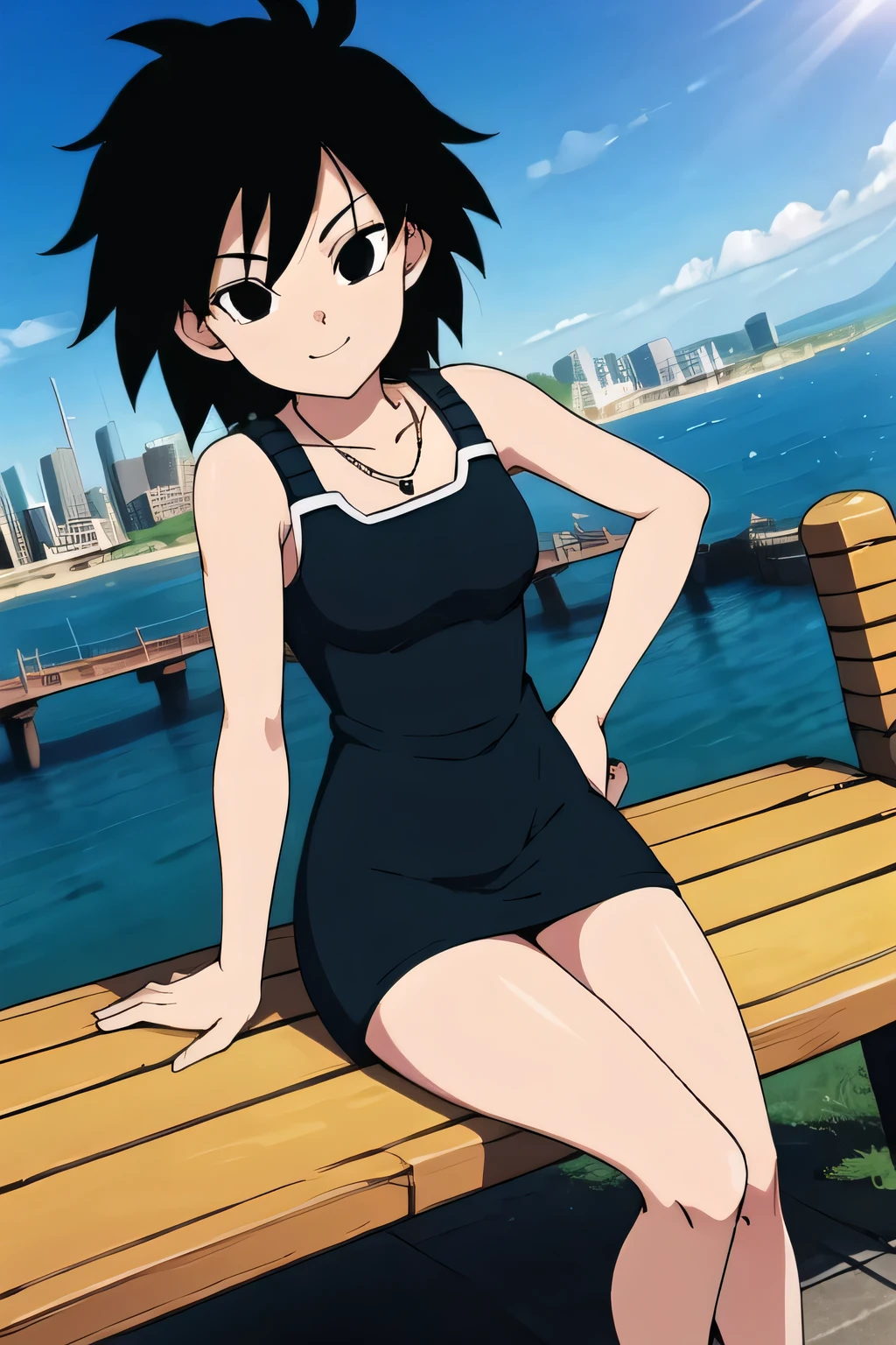 gine, 1girl, sunlight, solo, closed, blue sky, black hair, black eyes, city, bare shoulders, medium breast, collarbone, cowboy shot, short hair, looking at viewer, smile, looking at viewer, spiked hair, little black tight dress, t3ghtdr3ss, blue heart necklace, pier, docks, left hand on hips, sitting on a park bench