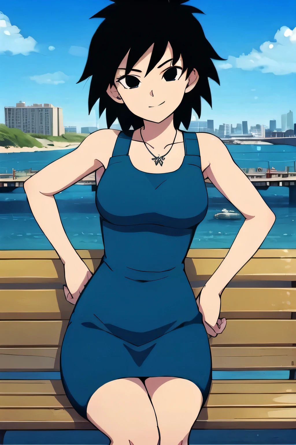 gine, 1girl, sunlight, solo, closed, blue sky, black hair, black eyes, city, bare shoulders, medium breast, collarbone, cowboy shot, short hair, looking at viewer, smile, looking at viewer, spiked hair, little black tight dress, t3ghtdr3ss, blue heart necklace, pier, docks, left hand on hips, sitting on a park bench