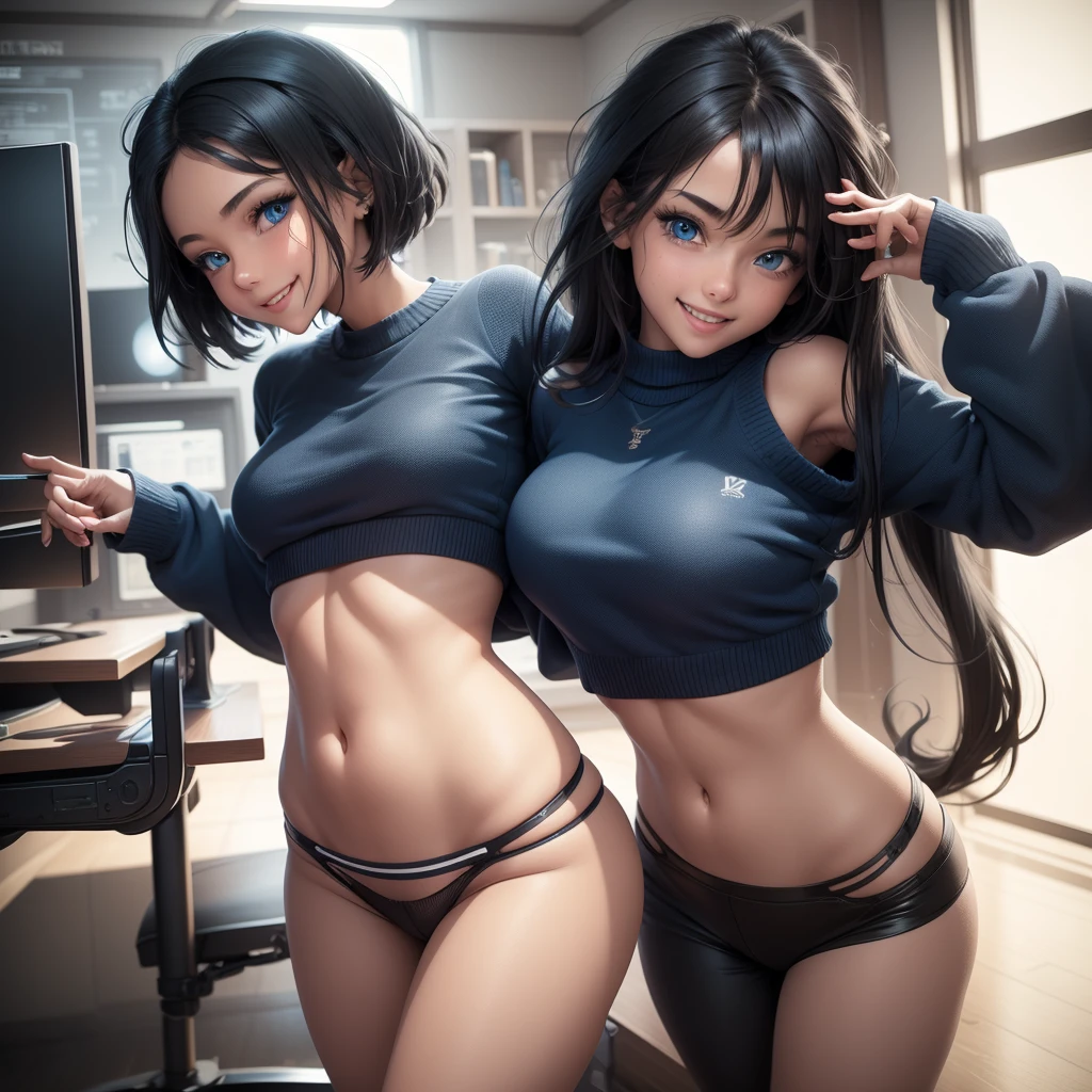 cute girls, blue eyes, black hair,smiling,cropped sweater,thong,g-string,cyborg,gaming room,perfect body,behind