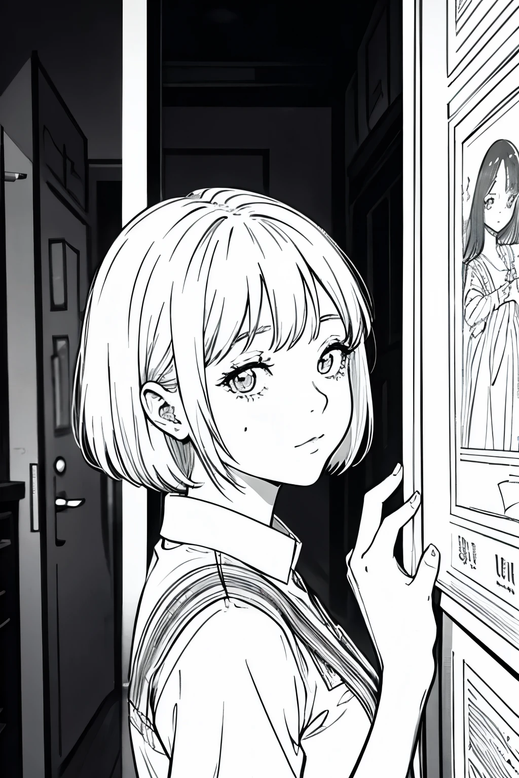 Picture a young woman with short hair, facing forward with a shy expression. The image should only focus on her head, capturing the subtlety of her shyness and the intensity of her direct gaze, dark lines, dense lines, intense line work, masterpiece, best quality, super fine, extremely delicate and beautiful, horror manga, black and white manga, black and white line drawing,