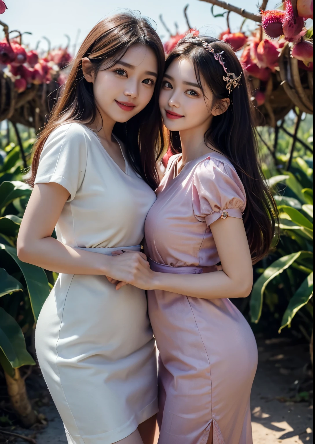 (ultra-detailed,highres,realistic:1.2),2girls,beautiful detailed eyes,beautiful detailed lips,detailed eyelashes,((big dragon fruit orchards)), every where Dragon fruit orchards,red dragon fruits,vibrant colors,Korean girl,modern fashion style,smiling face,standing posture,posing for a photo,soft sunlight, gentle breeze, dragon fruits in hands, Beautiful Pink Mini Frock, Verify alien fruits, Smiling, eating fruits, Very delicious fruits, Realistic skin, realistic face, young round breasts, Perfect Figure, Slender, walking in dragon fruit orchard, Dim light, Morning foggy weather, kissing fruit 
