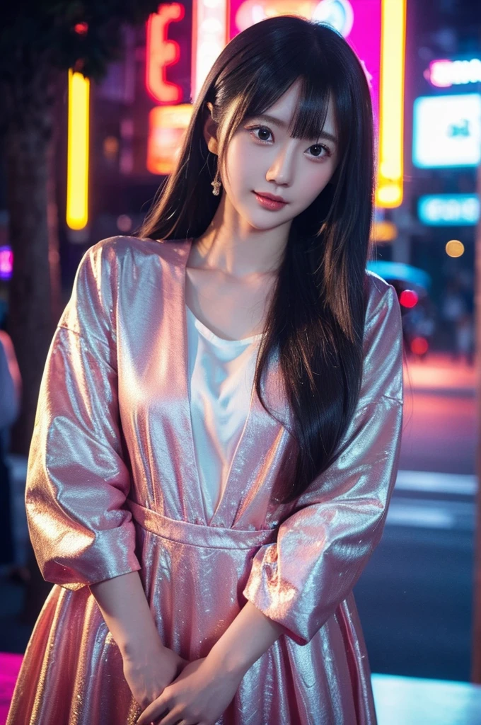 best quality, 8k, highly detailed face and skin texture, high resolution, cute long hair japanese girl in luxury dress at nightclub, under neon light, sharp focus
