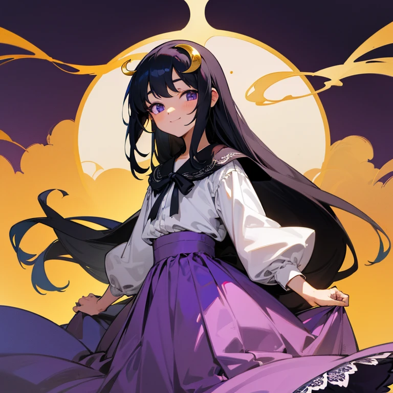 1 girl, , student, Black Hair, long hair, One golden(Very small)Crescent(hairpin), Purpleの目, Private Server, (White)Lace blouse, (Purple)long skirt, Easy to move, poor, simple, Villager, smile, upright, front, looking at the camera, Simple Background, High resolution, high quality, No text, No frame, No decoration