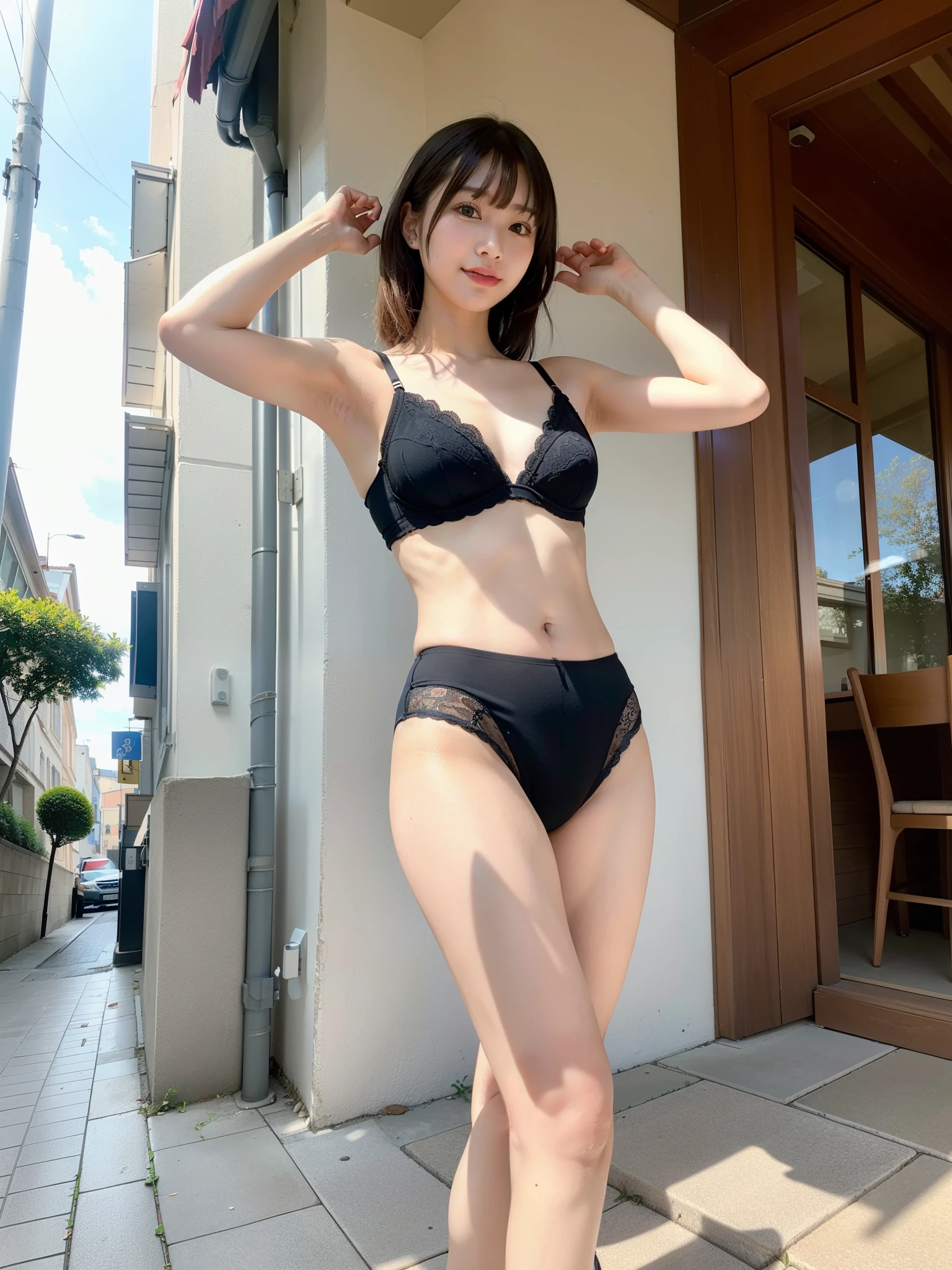 ((Best of the highest quality, 8k, Masterpiece: 1.3, raw photo)), Sharp focus: 1.2, (1 AESPA, slim body type female, 21 y/o: 1.1), (Solo: 1.2), (realistic, photo-realistic:1.37), face focus, cute face, finely eyes, (small breasts, flat chest, Thigh: 1.3), (short messy hair, bangs: 1.28), (bra top, panties: 1.32), walking terrace dining, sun light, flower, (from below: 1.1), arms up