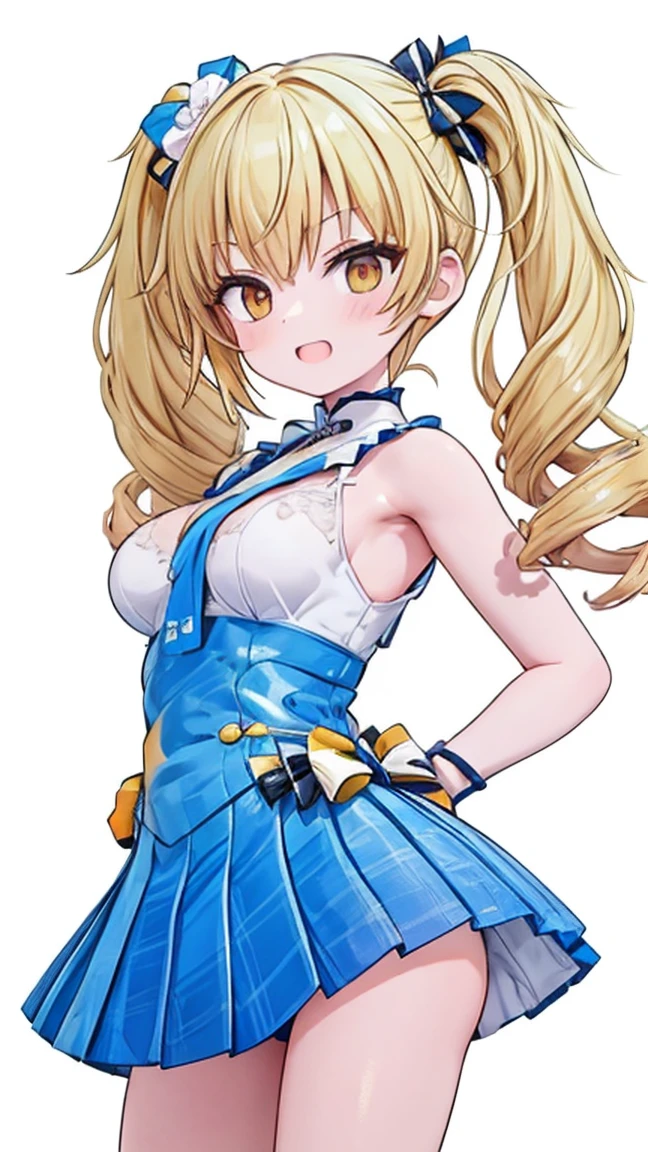 1girl, twintails, blonde hair, orange eyes, medium breast, beach background, sexy pose, bare shoulders, bare arms, cleavage, smile, open mouth, Drill hair, bare legs, wink the eye, looking at viewer, ass, cleavage, bikini