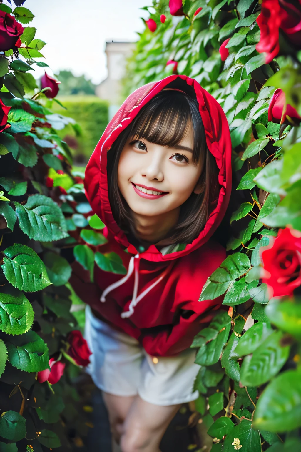 (best quality:1.2),(ultra detailed,highres,HDR,8k,3D,realistic,photorealistic,super fine,effects,official art,detailed background), (very happy smile,young,Japanese,detailed beautiful face), (Happy days),(round face,small face beauty), (dynamic pose:1.3), (head to thighs:1.5), ((Arch wrapped around fragrant roses), (Hedge full of roses), (Open garden with various types of roses blooming):1.5), (big red riding hood: 1.3),  (Delicate dress), (Small face: 1.2), (Fairy-tale world feeling: 1.1) , (Put the wicker basket on the ground:1)