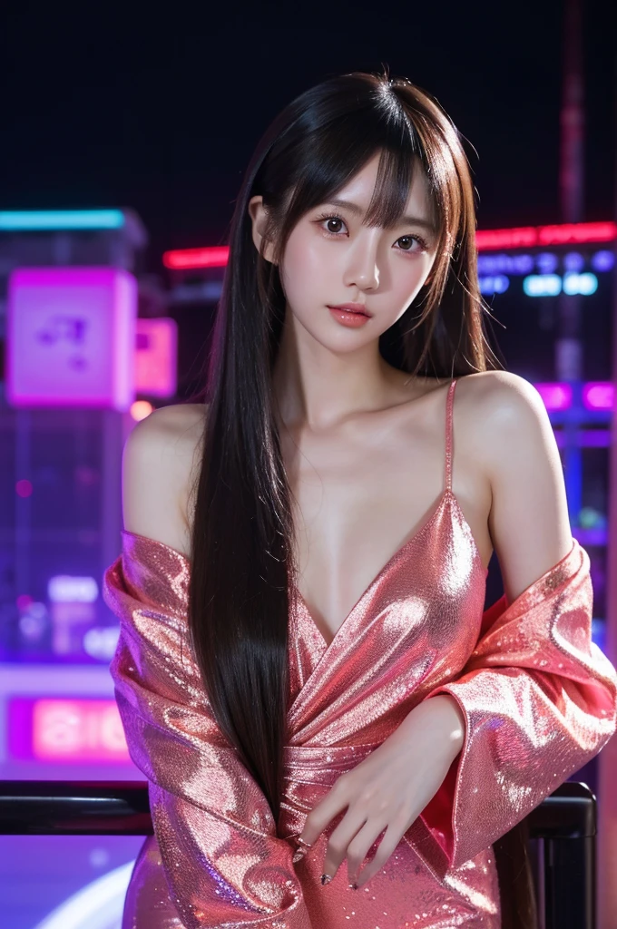 best quality, 8k, highly detailed face and skin texture, high resolution, cute long hair japanese girl in luxury dress at nightclub, under neon light, sharp focus