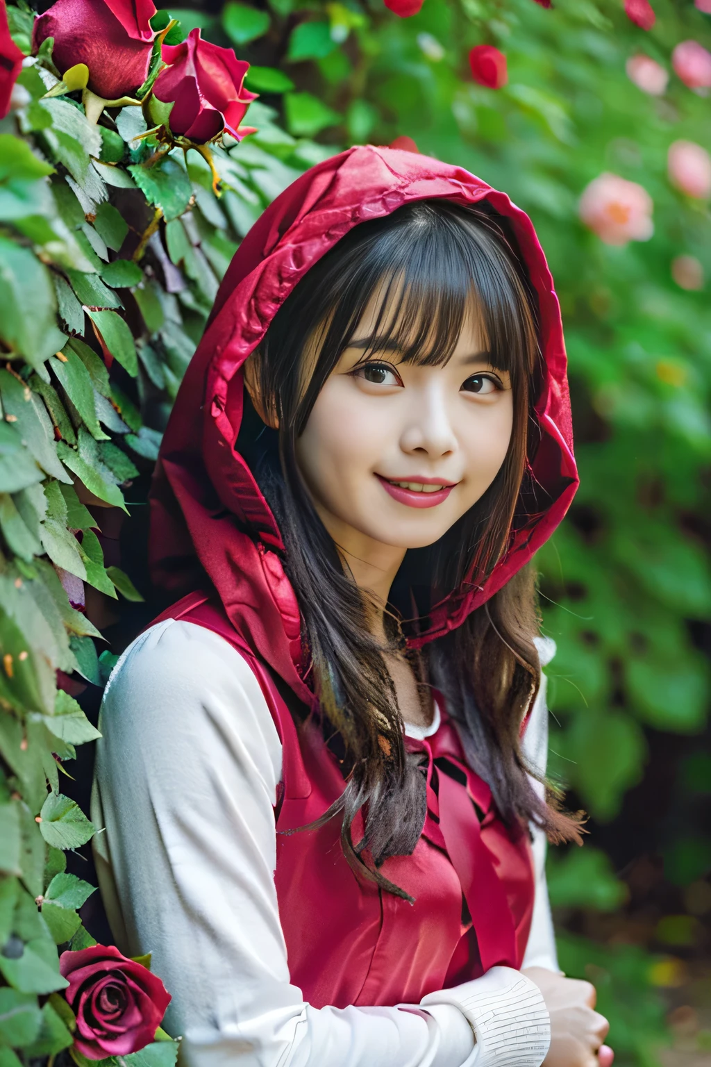 (best quality:1.2),(ultra detailed,highres,HDR,8k,3D,realistic,photorealistic,super fine,effects,official art,detailed background), (very happy smile,young,Japanese,detailed beautiful face), (Happy days),(round face,small face beauty), (dynamic pose:1.3), (head to thighs:1.3), (big red riding hood: 1.3), (Delicate dress), (Small face: 1.2), (Fairy-tale world feeling: 1.1) , (Put the wicker basket on the ground:1)(A garden with multiple flowers blooming, a secret garden:1.3), (colorful flowers:1.3), (zentangle;1.5), (mandala:1.5), (entanglement:1.5),(Penrose tiling background:1.5)