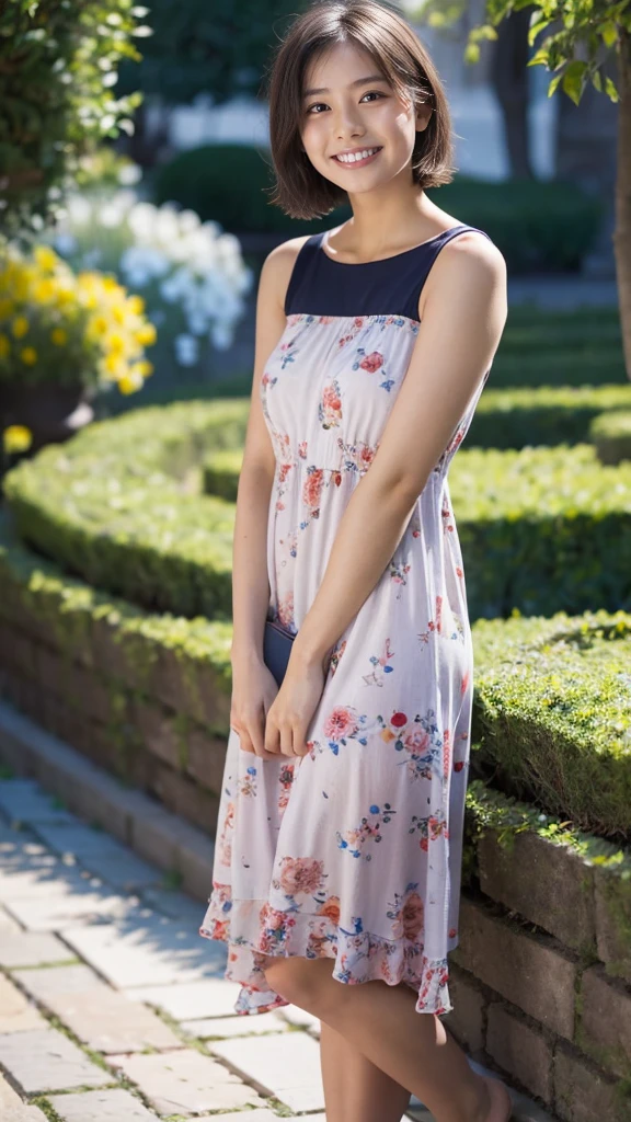 masterpiece, highest quality, disorganized, perfect anatomy, 1 girl, alone, pascal tales, short hair, beautiful, Hilarious, sunny day, botanical garden, Summer winds, sundress, Floral, wavy hair, smile