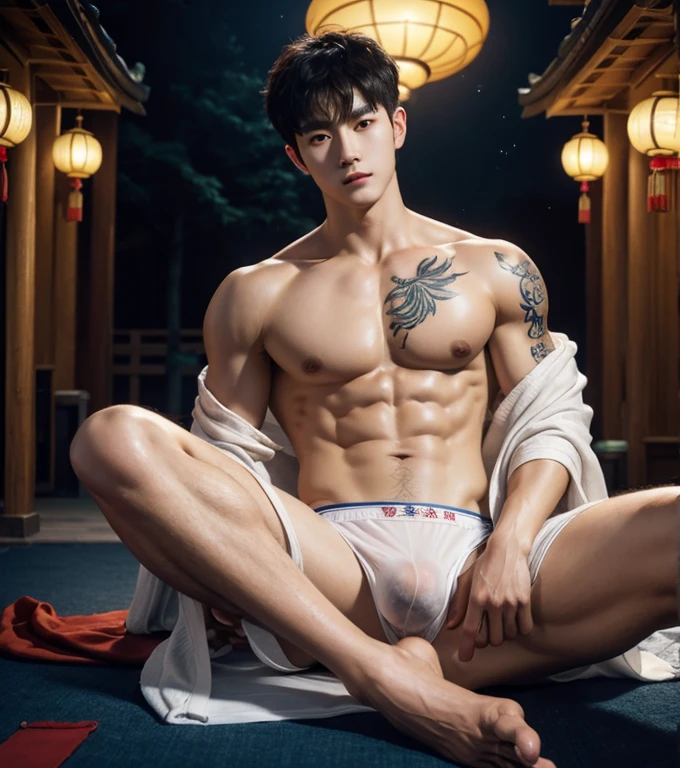 Chinese Men God, Mythology, Chinese odyssy, Handsome, Topless, Muscles, Athlete body, Full Frame, Sexy, Professional Lighting, Hanfu Outfit, Chinese Heaven Background, Bulge Underneathe brief Underwear, white transparent brief, Sexy tight bulge form dick shape, Hanfu Warrior, Hanfu God, Hanfu Male, Hanfu Nobel, Seduce, Sex Appeals, Alafard man shirtles, muscular body, handsome, manly, inspirite by Zhang Han, Cai Xukun, Kim Do-young, Inspired by Bian Shoumin, Inspired by Xiao Yuncong, yihao ren, yanjun cheng, jinyiwei, inspired by Huang Gongwang, xintong chen, Jacket, wearing japanese thong ,nice butts, Tattoo chest, tattoo hands, tattoo arms, tattoo belly, clear studio light, lay on the ground, hands holding legs in M shape, night ancient chinese Buddhism temple background, detailed background, fantasy Chinese themed, the best resolution, 8k, Ultra fullHD, look at the viewer, catching eyes,