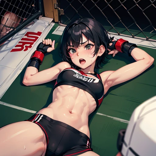 Small breasts. Cute Japanese high school girl with short cut black hair. She is fighting lying down in a mixed martial arts ring. Opposing female fighter is holding her arm. She is screaming closed. Very sweaty, slender body, poor breasts, sports bra, bikini pants, open finger gloves.