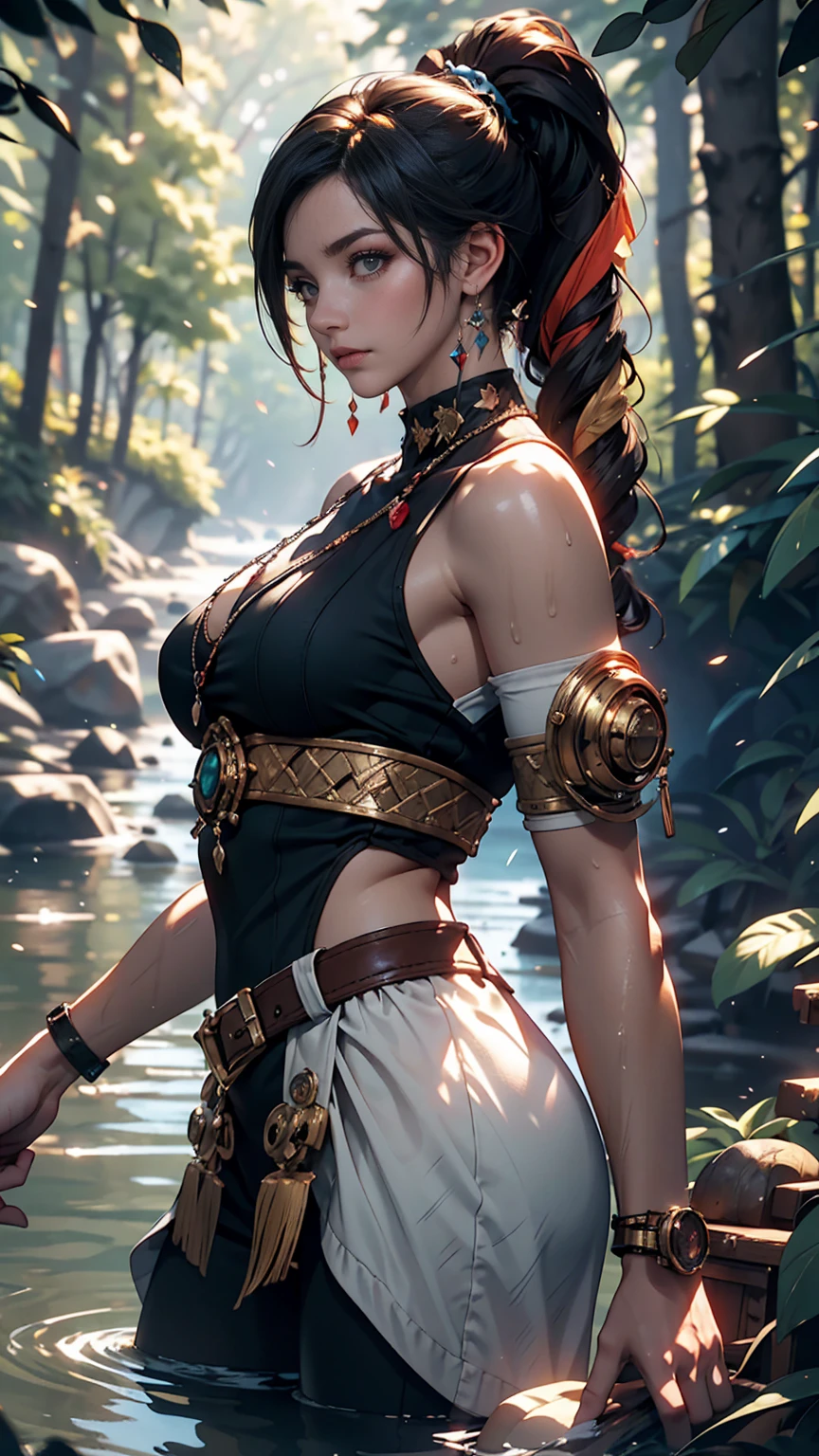 Maozonian indigenous girl, 18-year-old, Bathing in the river, In the middle of the forest, Jaguar watching from a distance, sad, Clockpunk, Gamer Core, Street Level View, Blender Rendering, 100mm, Sculpture, Rainbow-colored, Medical Core, Strobe lighting, Ultra-realistic, Realistic, Octane Rendering, Unreal Engine, Super detailed, Volumetric lighting, High resolution, Octane Rendering, Fantasy 4K 8K