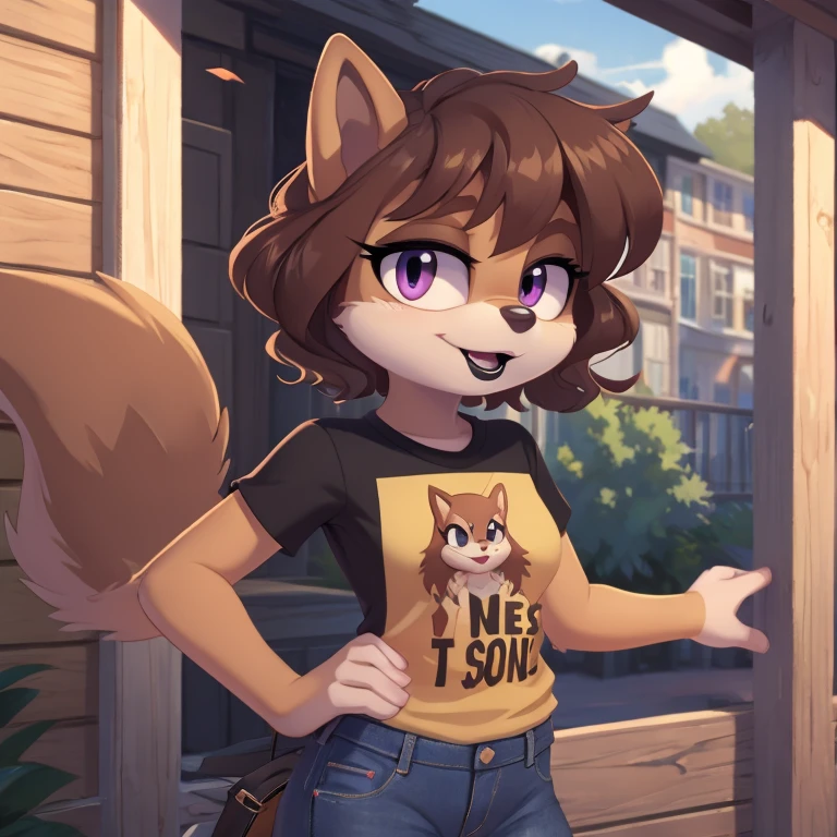 sonic_(series), mobian squirrel, thin body, skinny figure, brown hair, wavy bangs, short hair, fluffy hair, white fur, violet eyes, black eyelids, t-shirt, jeans, beautiful, pretty, cute, masterpiece, 4k, high quality, studio quality, detailed, insanely detailed, extreme detail, refined detail, perfect detail, max detail, black lipstick, squirrel girl