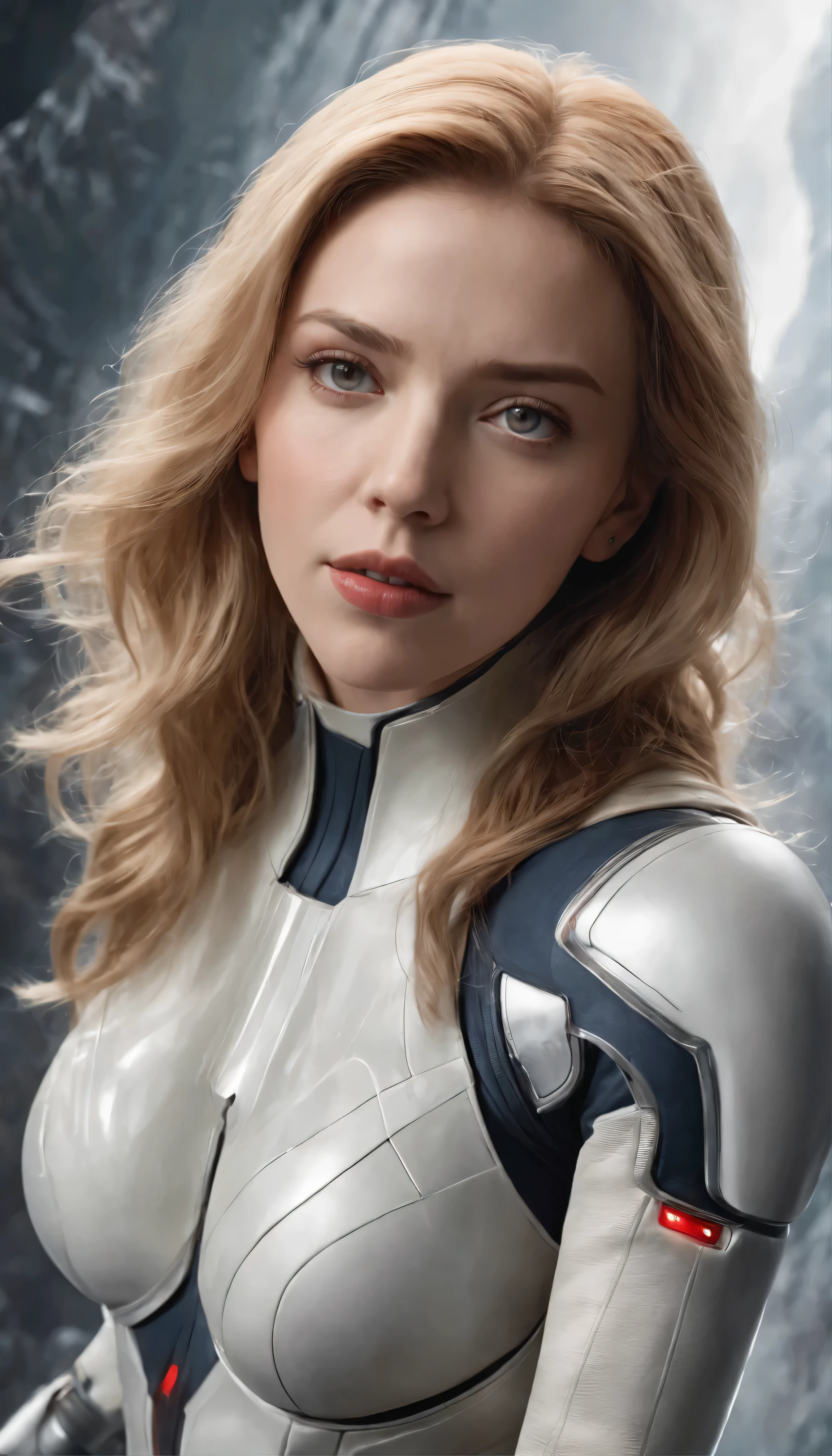 Highest quality、ultra-detailed 4K、A scene from a movie,masterpiece:1.5、 Realistic、Hyper-realistic:1.6、Black Widow Scarlett Johansson in a white armored suit, Blonde hair cascading down her shoulders、A captivating image of Anycemar with bangs framing a detailed face。 Staring into the depths of space、 Surrounded by the complexity of the universe、 star々、Temptation star、A vast space where galaxies swirl。 The complex texture of the space is revealed through careful attention to detail、 遠いTemptation starのクレーターから遠くのstarの渦巻くガスまで、 Twinkling star,Scarlett Johansson's face details