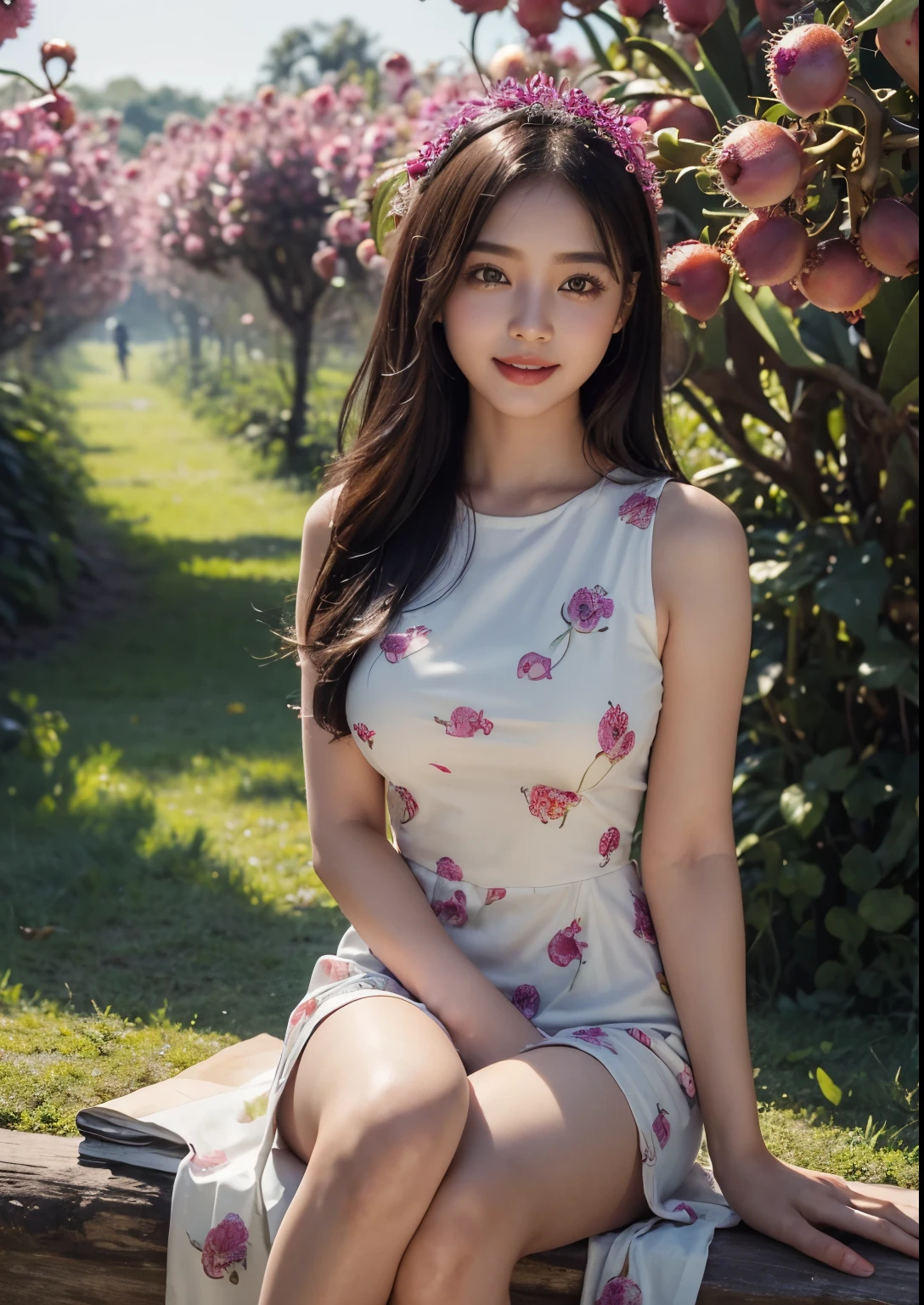 (8K high resolution), (highest quality), (RAW image quality),(table top:1.2), (realistic), (realistic:1.37), White-eye,long eyelashes,exquisite(Live-action realistic style),ultimate face,realistic light and shadow,clear facial features,milky white skin,Fair skin, high detail skin,realistic skin details,visible pores,(Super detailed),Hair length is random, (flowing hair),best portrait,photographed from a distance, only one girl, cute,beautiful and detailed eyes, beautifully detailed nose, highly detailed skin) ,(Beautiful face with double eyelids), (realism: 1.4),excellent details, ultra high resolution,,,delicate and beautiful face,,25 years old,(beautiful face 1.4),thin, (Wear a floral dress:1.2),((In a park rich in nature)),,natural smile,(,Sounds like fun, Isn't that so??),long hair,Sparkling around the eyes,red lipstick,((Wear a floral dress)),very beautiful legs,(((Sit in front of the audience with one leg extended))),((smile at the audience)),The color of the panties is white,very charming smile,sit with one knee up,((Sit down and show off your white panties)),(((Sit with your legs slightly spread apart))),It is a very simple dress