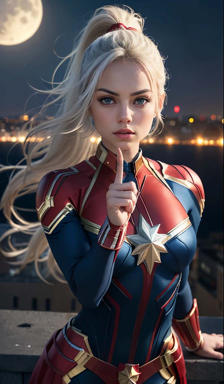 (masterpiece: 1.4), (8k, photorealistic, RAW photo, best quality: 1.4), American, (1girl), beautiful face mila kunis, (realistic face: 1.4), (white hair, long hair with ponytail: 1.3), beautiful hairstyle, beautiful detailed eyes, (best eye ratio: 1.5), attractive, ultra high resolution, ultra realistic, highly detailed, best proportion, (detailed face: 1.4), looking at the viewer, red lipsticks,  (Best Finger Ratio: 1.5), (Blue Superhero Theme, Charismatic, There's a Girl at the Top of the City, Dressed in a Captain Marvel See-Through Lingerie Costume, It's a Superheroine named Mila Kunis), [ ((35 years), Full body, (realistic blue eyes: 1.2), ((Superman pose), show of strength, jump from one building to another), ((Sandy urban environment):0.8)| (cityscape, at night, dynamic lights), (full moon))] # Explanation: The Prompt mainly describes an ultra high definition 4K painting, very realistic, very detailed. It shows a superheroine mila kunis at the top of the city, dressed in a Captain Marvel costume. The subject in the painting is a blue superhero theme, the female protagonist mila kunis has long wavy brown hair, she is 35 years old, and her whole body is shown in the painting. In terms of portraying the actions of superheroines, (no bra: 1.4), perky_nipples, ((exposed_nipples, exposed breasts, realistic high proportionality breasts, realistic big realistic breasts): 1.4), (closed mouth: 1.4), (camel_toe_pussy: 1.4), innie_pussy, captain marvel cape,