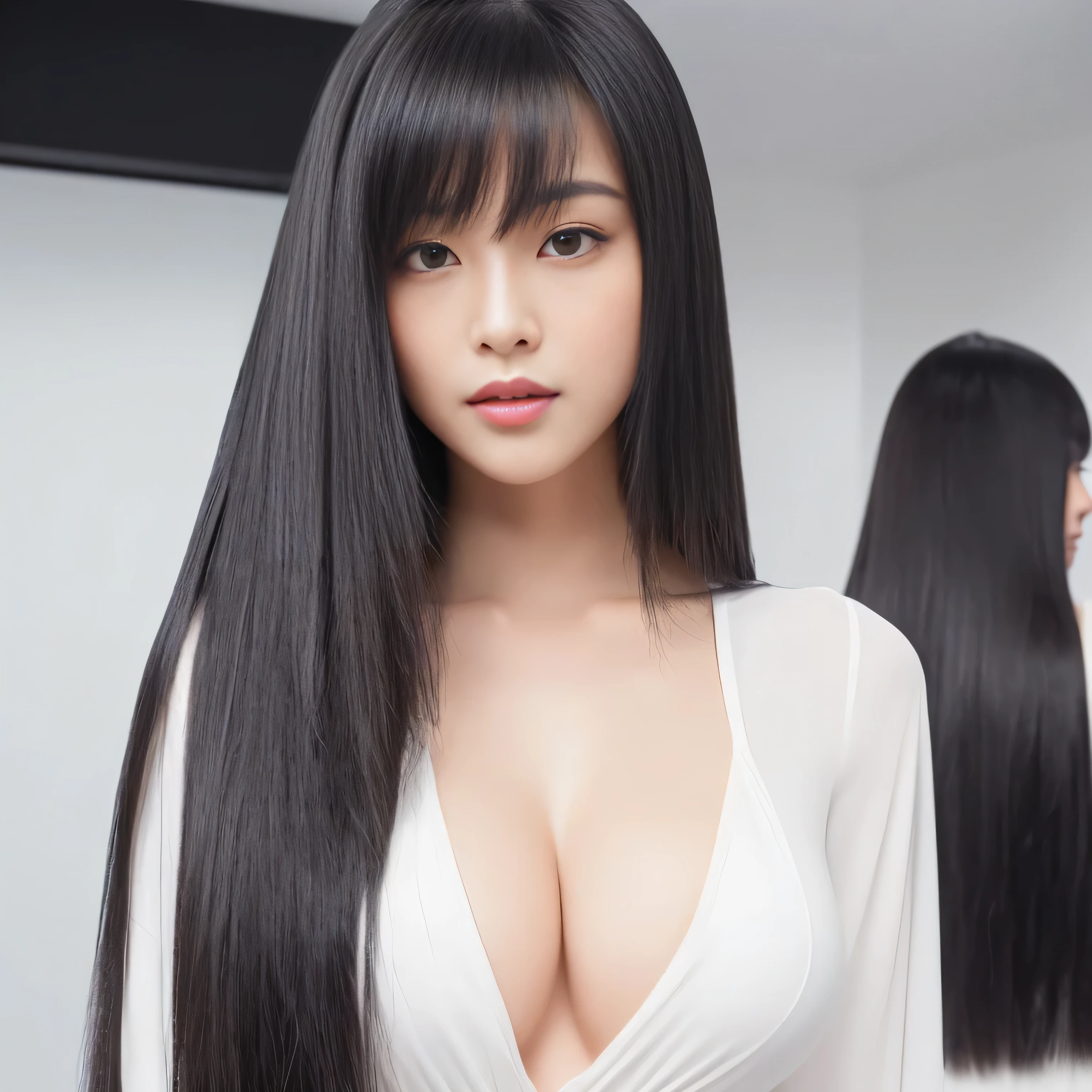 (Three identical twin hair models are photographed in the same studio to make their hair look wider for the viewer.)　(((All three in the same space:1.3　All three are clones:1.3. All 30 years old　All three of them do the same pose:1.2. Take a photo from the waist up from the front)))　((Random standing poses looking at the viewer to show as much hair as possible))　(Her bangs are straight down, perfect full bangs:1.2)　((Beautiful 30 year old hair model with long black hair, extremely length Hair, extra length Hair, very long, Flowing Hair, very length Hair, length Hair girl, very long, Flowing black hair, length Hair windy, Very long black hair, length, Flowing Hair, length and curly hair, with length Hair, length Hair!!!!　Her highest quality hair is long and straight., very long, highest quality black hair, length hair in the center, Highest quality long straight hair, length, straight, beautiful, High quality hair, length and free black highest quality straight hair, length Hair, length and straight, highest quality black hair, Perfect silky straight hair of the highest quality, straight, highest quality black hair, length black straight hair, length, Thin black hair　Her hair is long and straight, very long black hair, length hair in the center, length straight hair, length, straight, beautiful hair of the highest quality, length Hair, length, straight black hair, length and free straight black hair, straight black hair))　(Pure white wall background:1.8. Photo of upper body from waist up)　(She looks at the viewer with a very seductive expression...)　((highest quality)), ((masterpiece)), (Familiar)　(Get used to it)　Perfect Face　(Her skin is a typical Japanese skin color..、And very detailed)　　(Big Breasts:1.3)　(She is wearing a white skirt and a white blouse..)　(She has a beautiful face and a curvy body...., Narrow eyes)　(She has perfect beautiful makeup and face　Lipstick is light red　A solid eyeliner)　((Rich 1.4))　(Extremely detailed 8K)　(Ultra-fine skin texture 1.4)　(Actual, Vibrant:1.4), double eyelid　Sharp focus:1.2、Beautiful woman:1.4　Dynamic Lighting　(Genuine RAW photos taken by professional photographers)　(Her long bangs、Well Organized)　(Turn your whole body to the viewer)　Professionally lit from the front