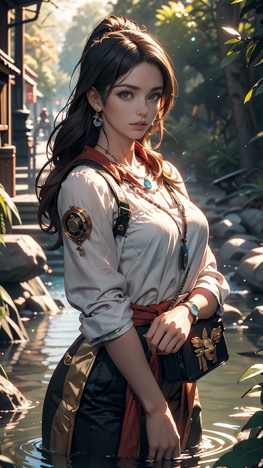 Maozonian indigenous girl, 18-year-old, Bathing in the river, In the middle of the forest, Jaguar watching from a distance, sad, Clockpunk, Gamer Core, Street Level View, Blender Rendering, 100mm, Sculpture, Rainbow-colored, Medical Core, Strobe lighting, Ultra-realistic, Realistic, Octane Rendering, Unreal Engine, Super detailed, Volumetric lighting, High resolution, Octane Rendering, Fantasy 4K 8K