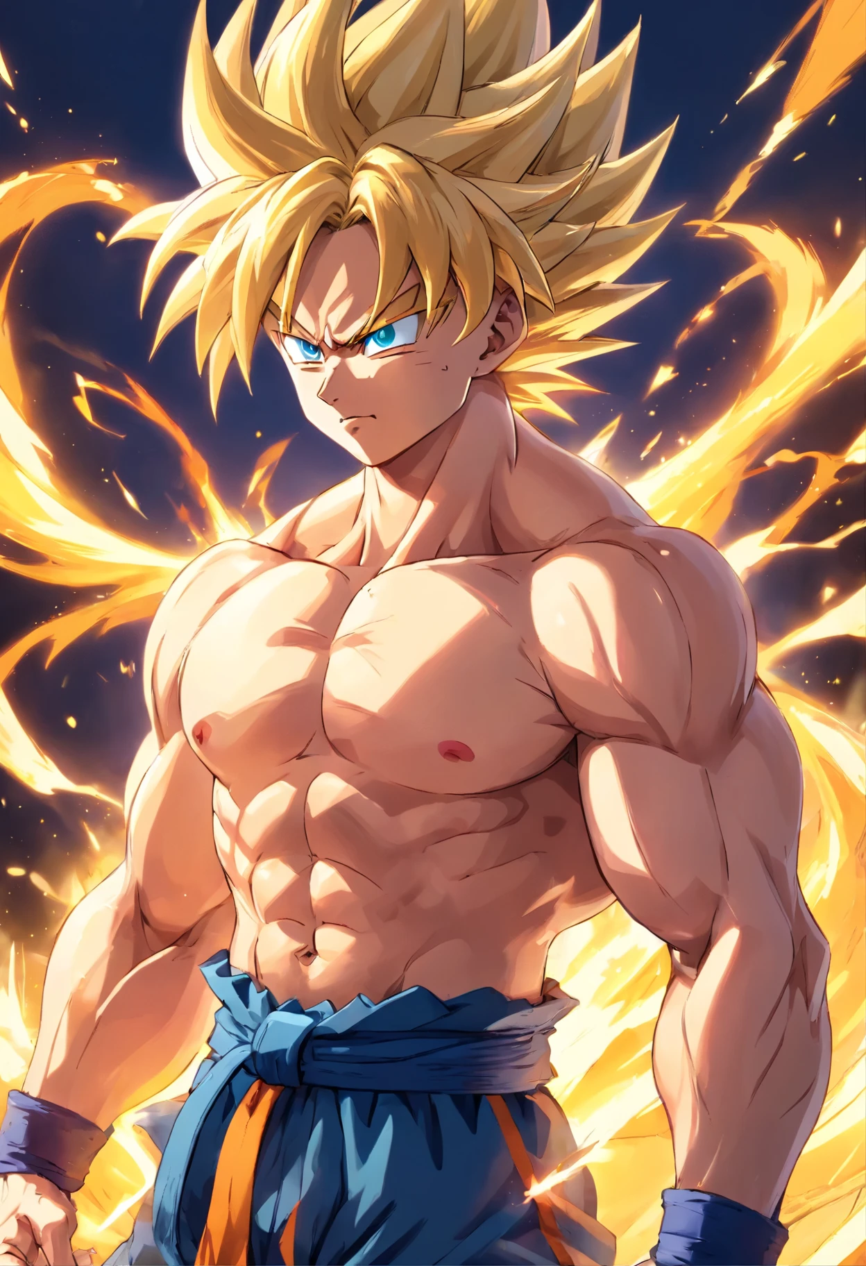 Dragon Ball Goku, portrait of a full body, A little realistic, Facial features are carefully described, Escurom style orifundidade de campos, rendered, top-quality, 8k sharp focus on the eye, Correct anatomy, With blond hair, with red eyes, I hate skewers, Looking at the ground with great anger, Battle Damage, blonde  hair, blue obi, gritted teeth, furious, Emphasis on men, muscular, muscular male, breastsout, obi, Solo, spiky hair, Super Saiyan, Super Saiyan 1, tusk, Man topless, ripped clothing, Bracelet, Golden hair, blonde  hair