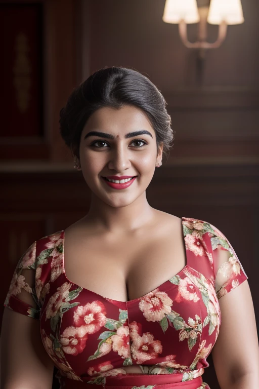 20yo  in school school photo in school masterpiece, (photorealistic:1.4), best quality, beautiful lighting,Eleanor indian Woman 30yo Old ,Big Breasts Plus Size Model lipstick Bun lHair Bun Hair Hair Lifts Skirt Up Raised Skirt, wearing Sexy red Floral Print Satin Slip Nightdress. 