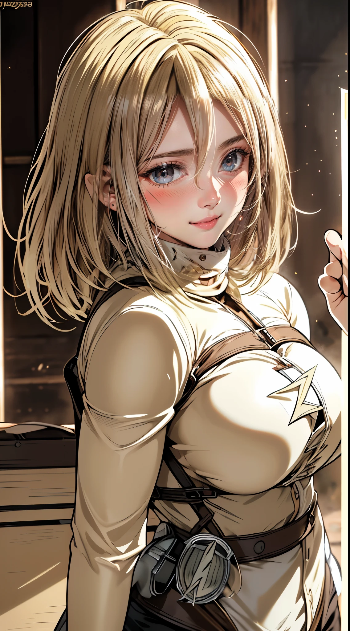 Mikasa of Attack on Titan　by Alphonse Mucha、Attack on Titan、28 years old、mikasa、male、Commander of the Scout Regiment、Larger breasts、Plump Cheeks、Tanuki face、Blonde、１People Women、(((((Flashy blonde)))))、(((((Brown eyes)))))、short hair、Focus on face、Raw photo、Photorealistic Stick、8k、